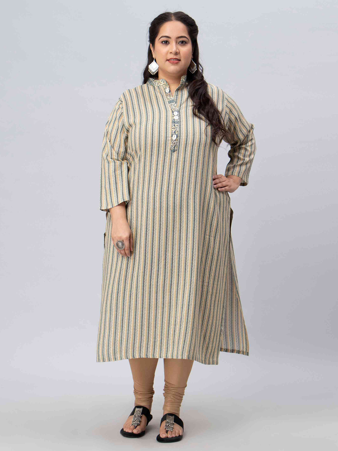 

Toodle Plus Printed Cotton Mandarin Collar Plus Size Kurti, Beige