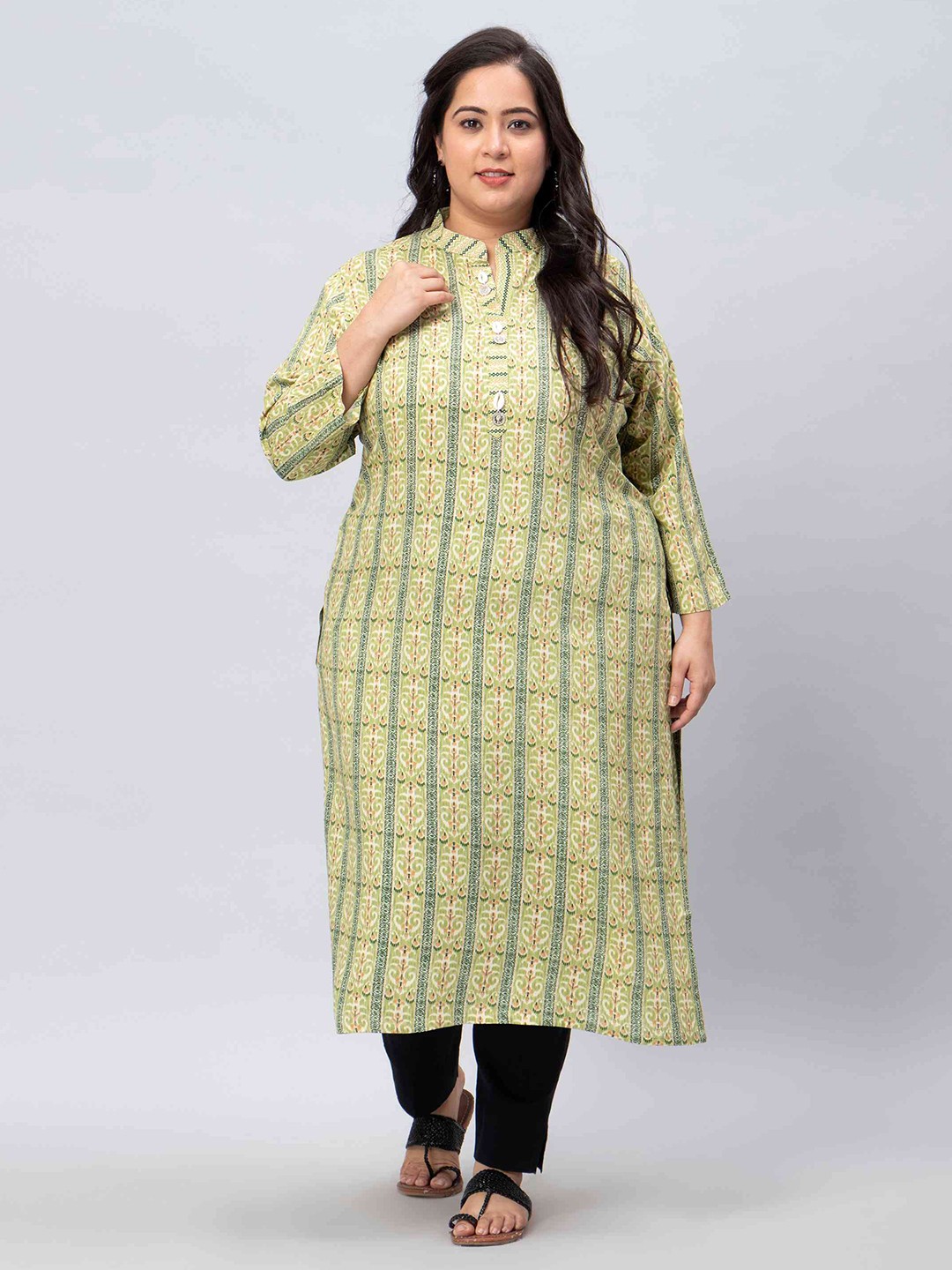 

Toodle Plus Geometric Printed Cotton Mandarin Collar A-Line Straight Kurta, Green