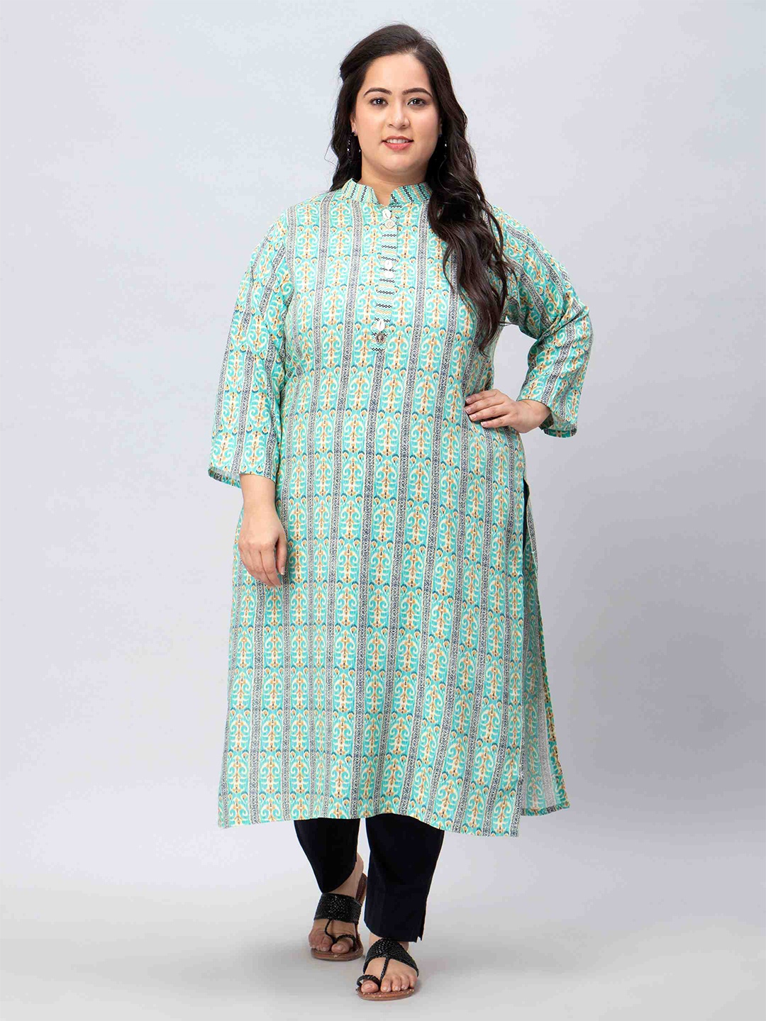 

Toodle Plus Striped Printed Mandarin Collar Cotton Straight Kurta, Green