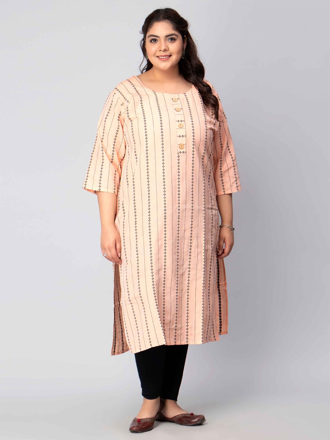 

Toodle Plus Geometric Thread Work Round Neck Cotton Plus Size Straight Kurti, Peach