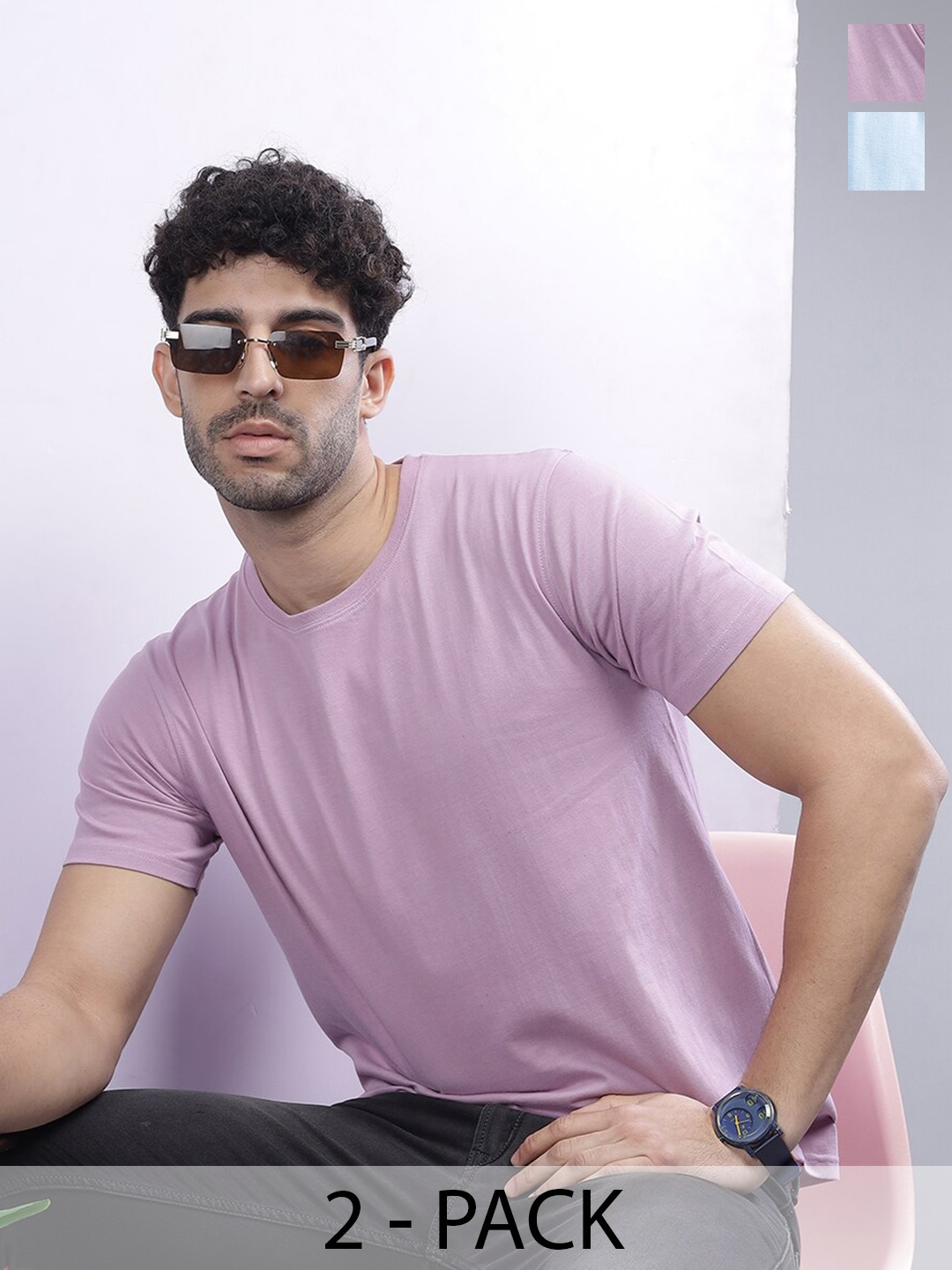 

PAUL STREET Pack Of 2 Slim Fit Pure Cotton Bio Finish T-shirt, Lavender