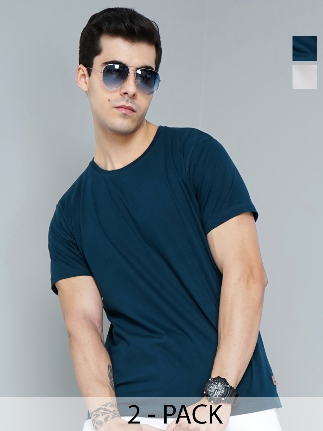 

PAUL STREET Pack of 2 Bio Finish Pure Cotton Slim Fit T-shirts, Teal
