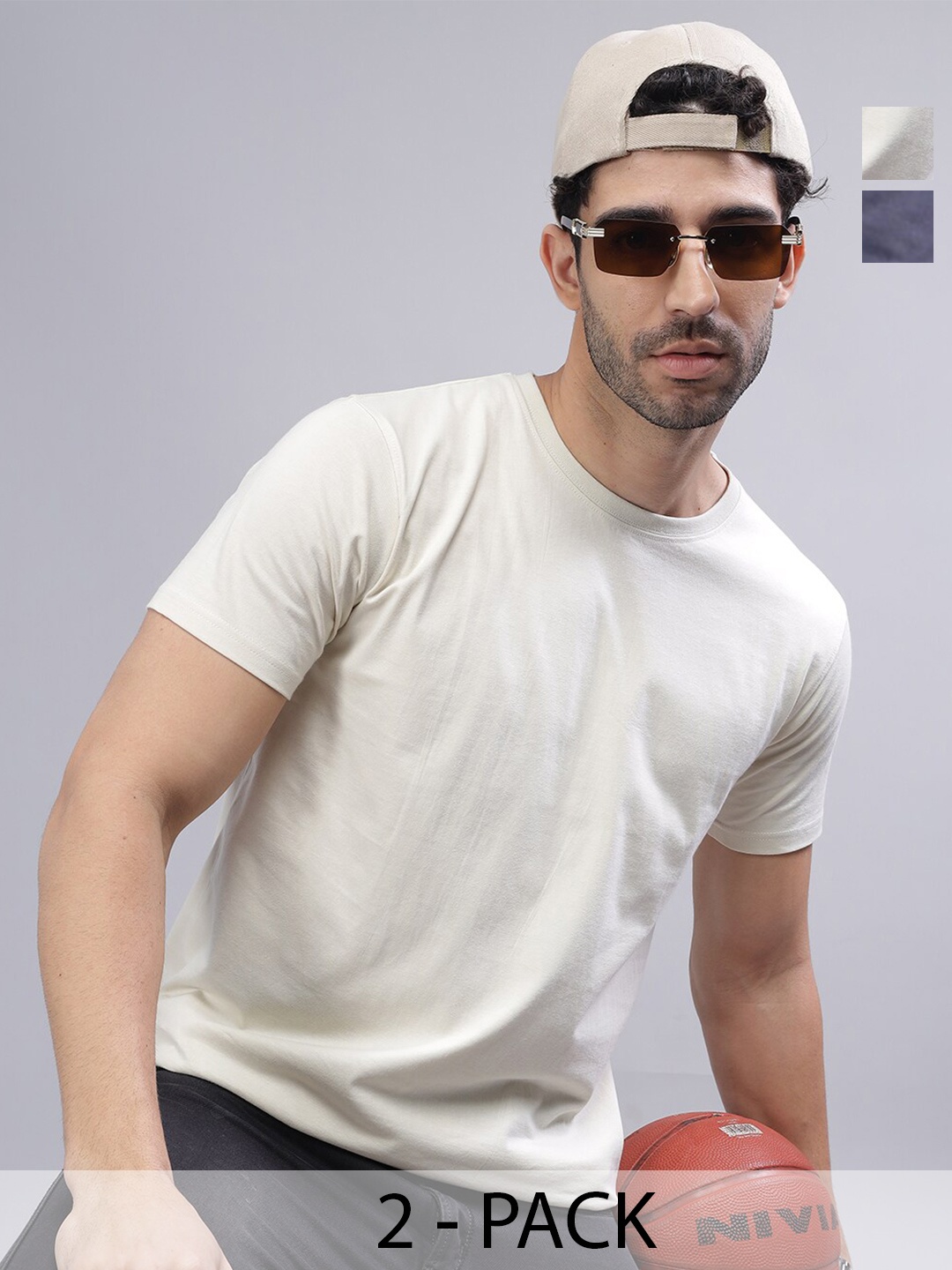 

PAUL STREET Pack of 2 Bio Finish Pure Cotton Slim Fit T-shirts, Cream
