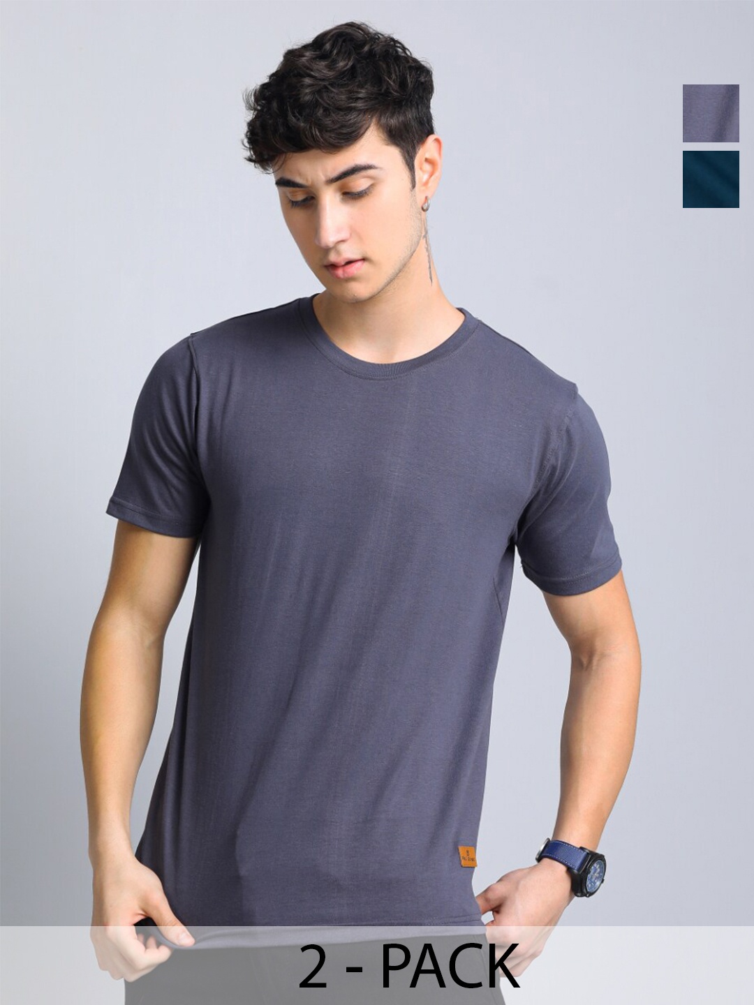 

PAUL STREET Pack of 2 Bio Finish Pure Cotton Slim Fit T-shirts, Grey