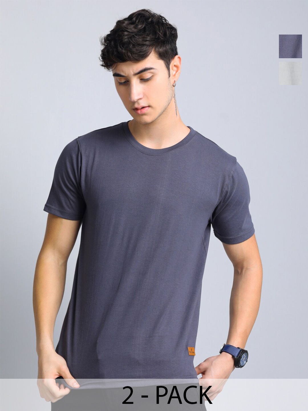 

PAUL STREET Pack of 2 Bio Finish Pure Cotton Slim Fit T-shirts, Grey