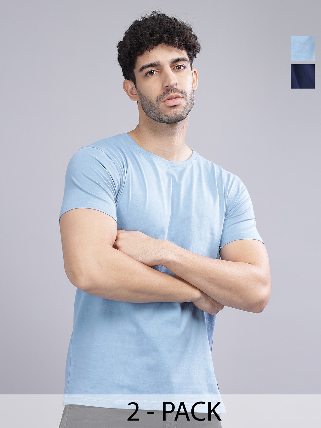 

PAUL STREET Pack of 2 Bio Finish Pure Cotton Slim Fit T-shirts, Blue