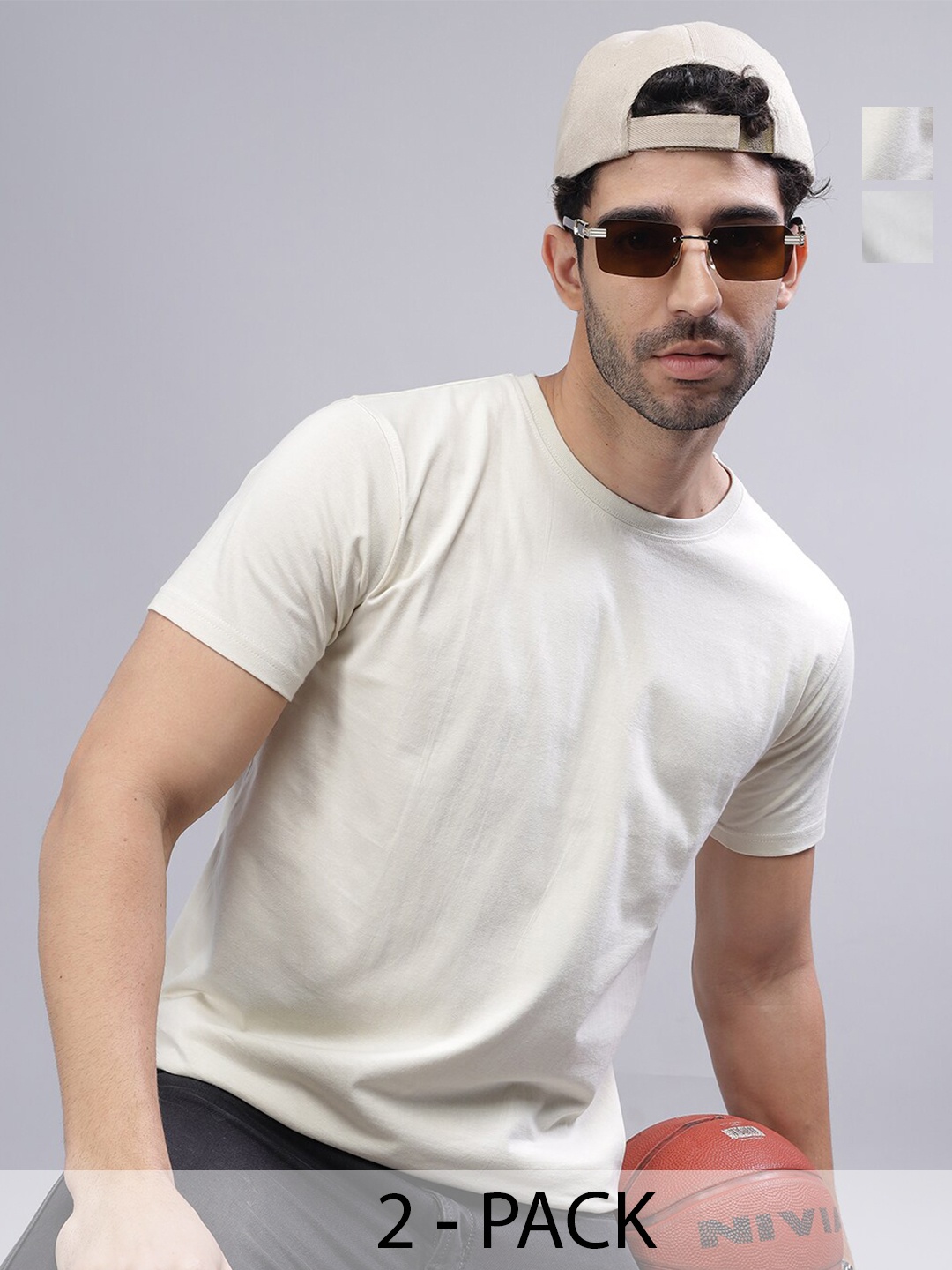 

PAUL STREET Pack of 2 Bio Finish Pure Cotton Slim Fit T-shirts, Cream