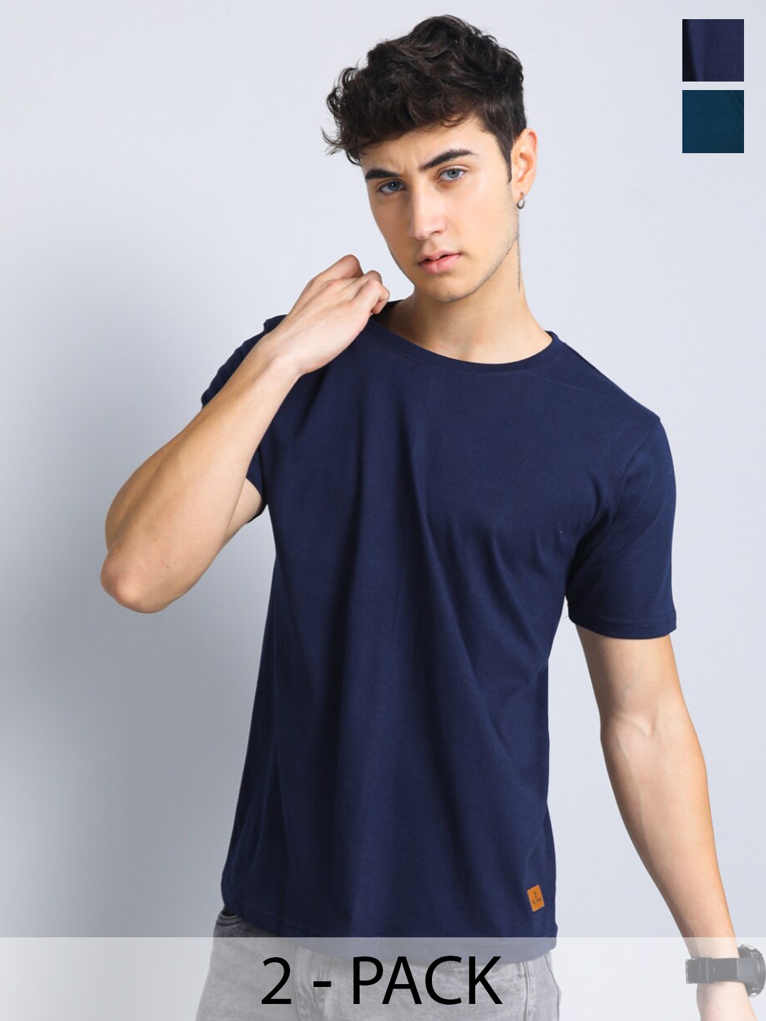 

PAUL STREET Pack of 2 Bio Finish Pure Cotton Slim Fit T-shirts, Navy blue