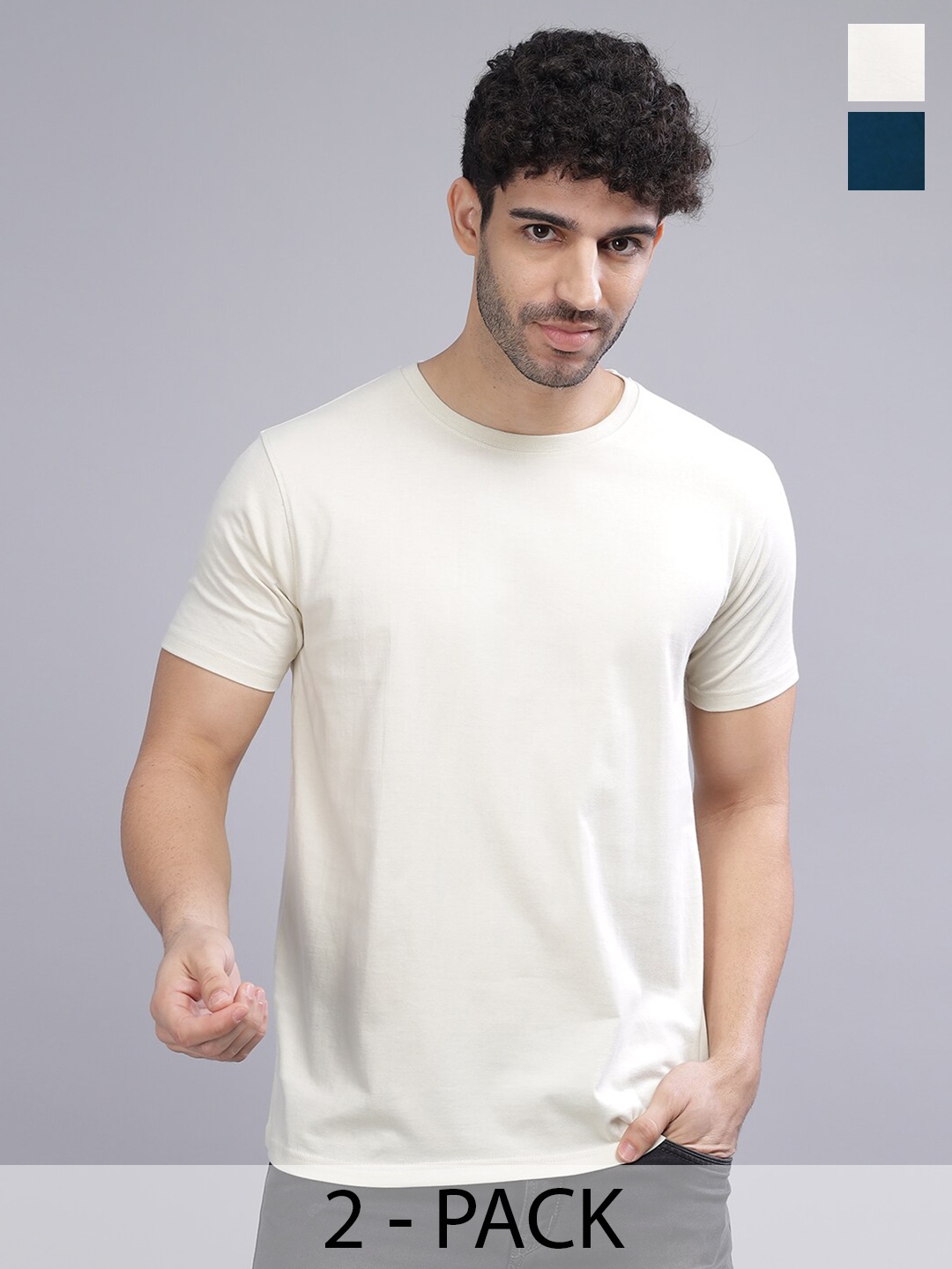 

PAUL STREET Pack of 2 Bio Finish Pure Cotton Slim Fit T-shirts, Cream