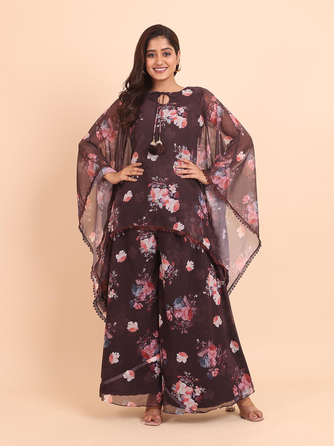 

Disli Floral Printed Kurti With Palazzo Set, Burgundy