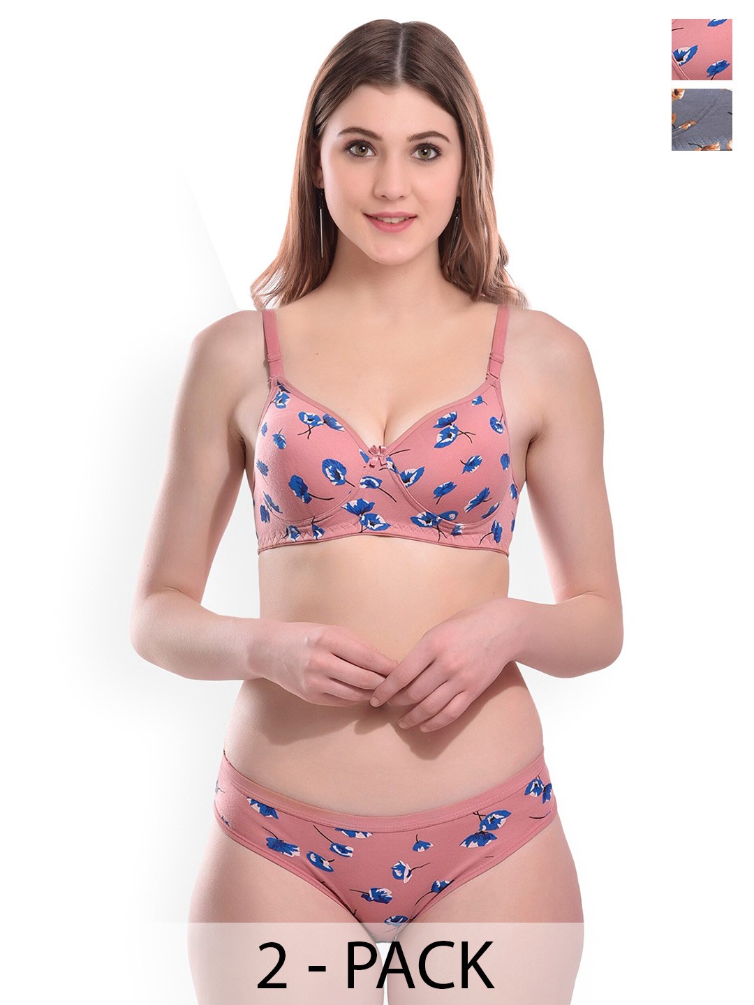 

AROUSY Pack Of 2 Floral Printed Cotton Lingerie Set, Pink