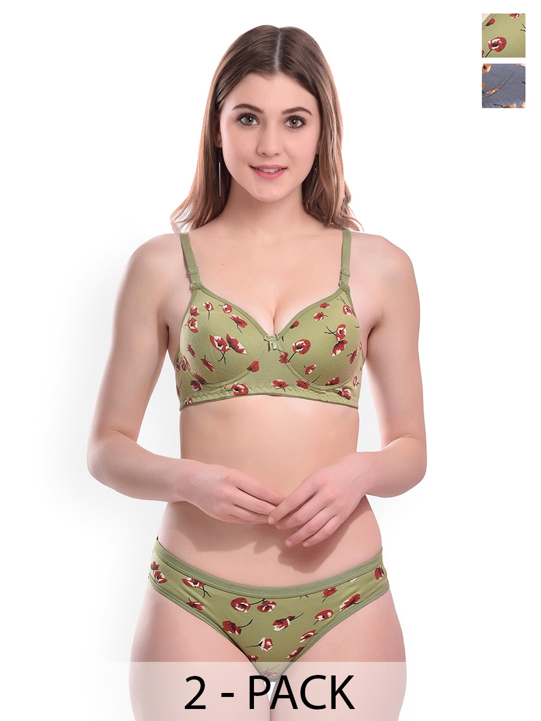 

AROUSY Pack Of 2 Floral Printed Cotton Lingerie Set, Green