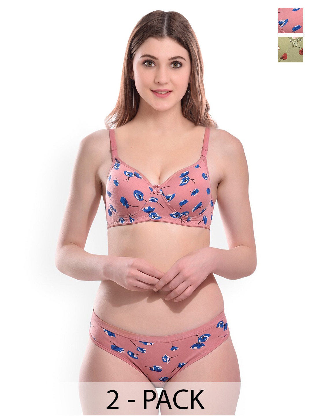 AROUSY Pack Of 2 Floral Printed Cotton Lingerie Set, Pink
