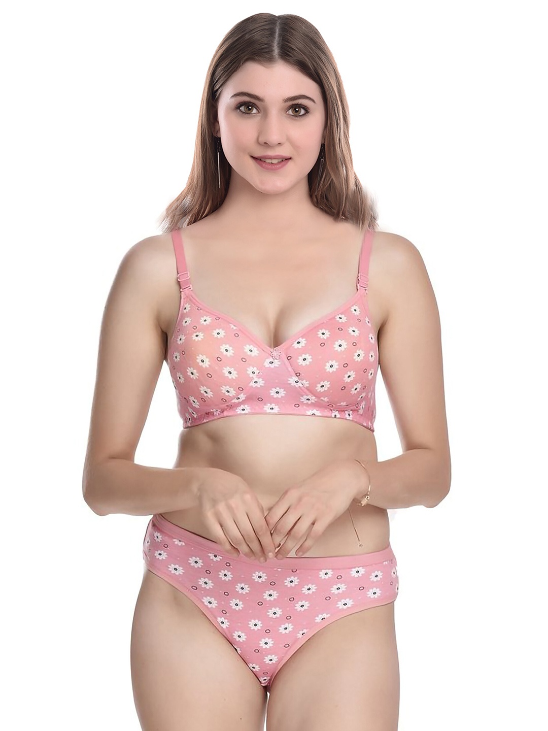

PIBU Floral Printed Lightly Padded Cotton Bra With Brief, Pink