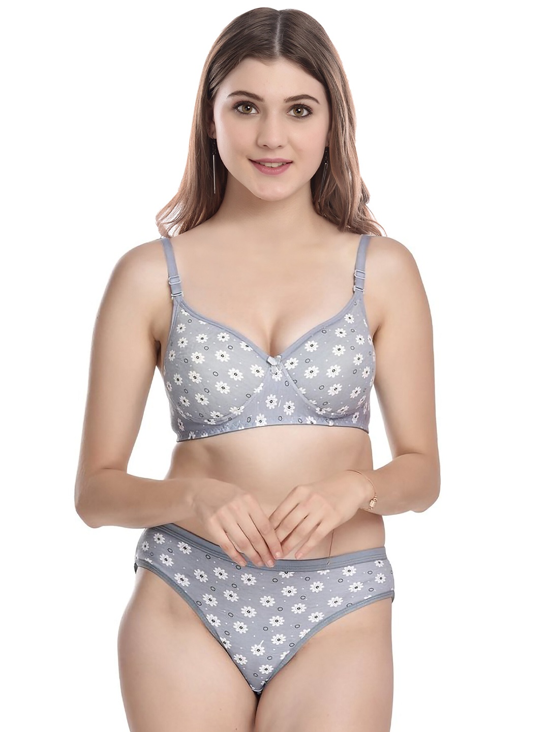 

PIBU Floral Printed Lightly Padded Cotton Bra With Brief, Grey