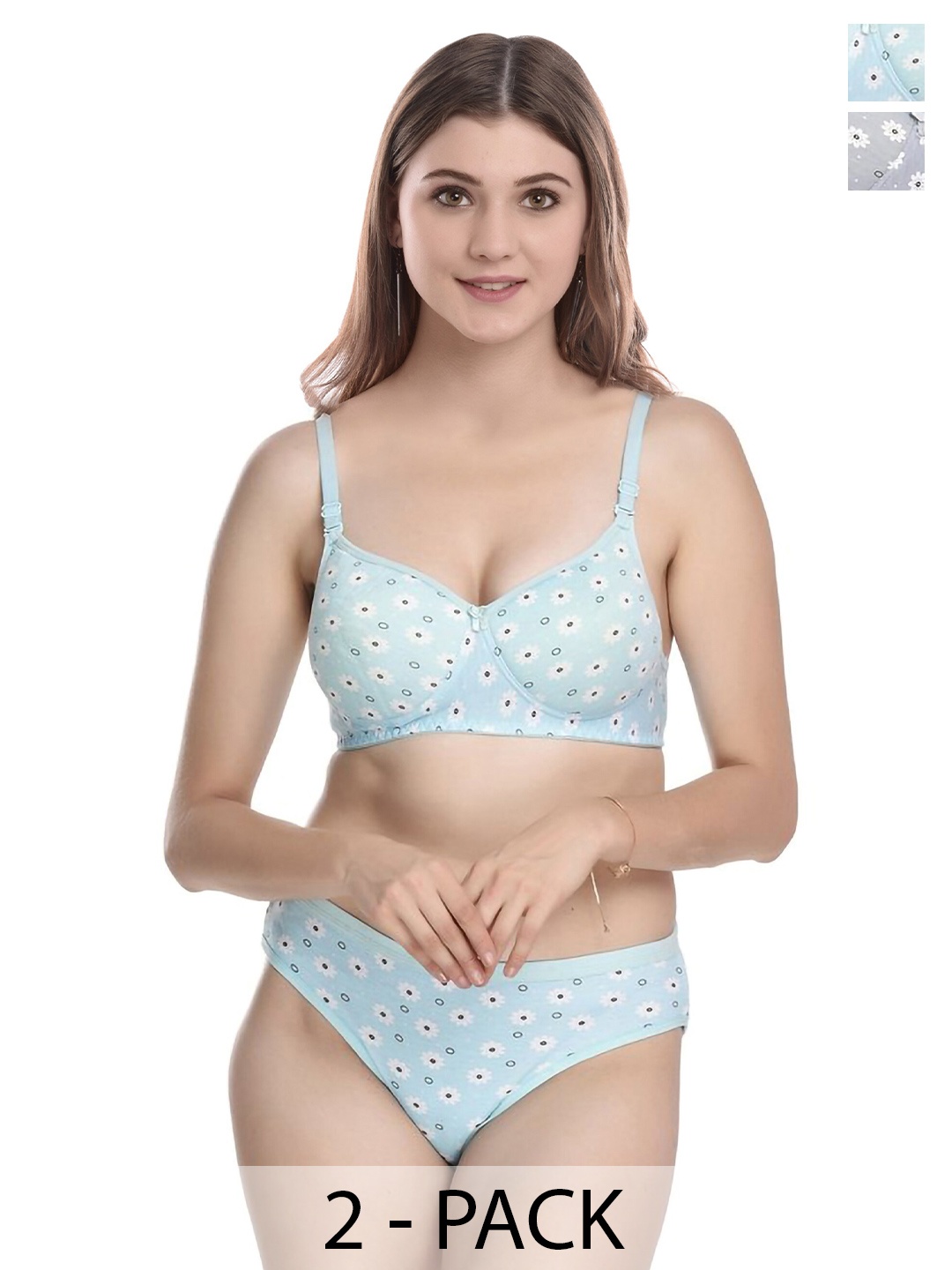 

PIBU Pack Of 2 Floral Printed Lightly Padded Cotton Bra With Brief, Blue