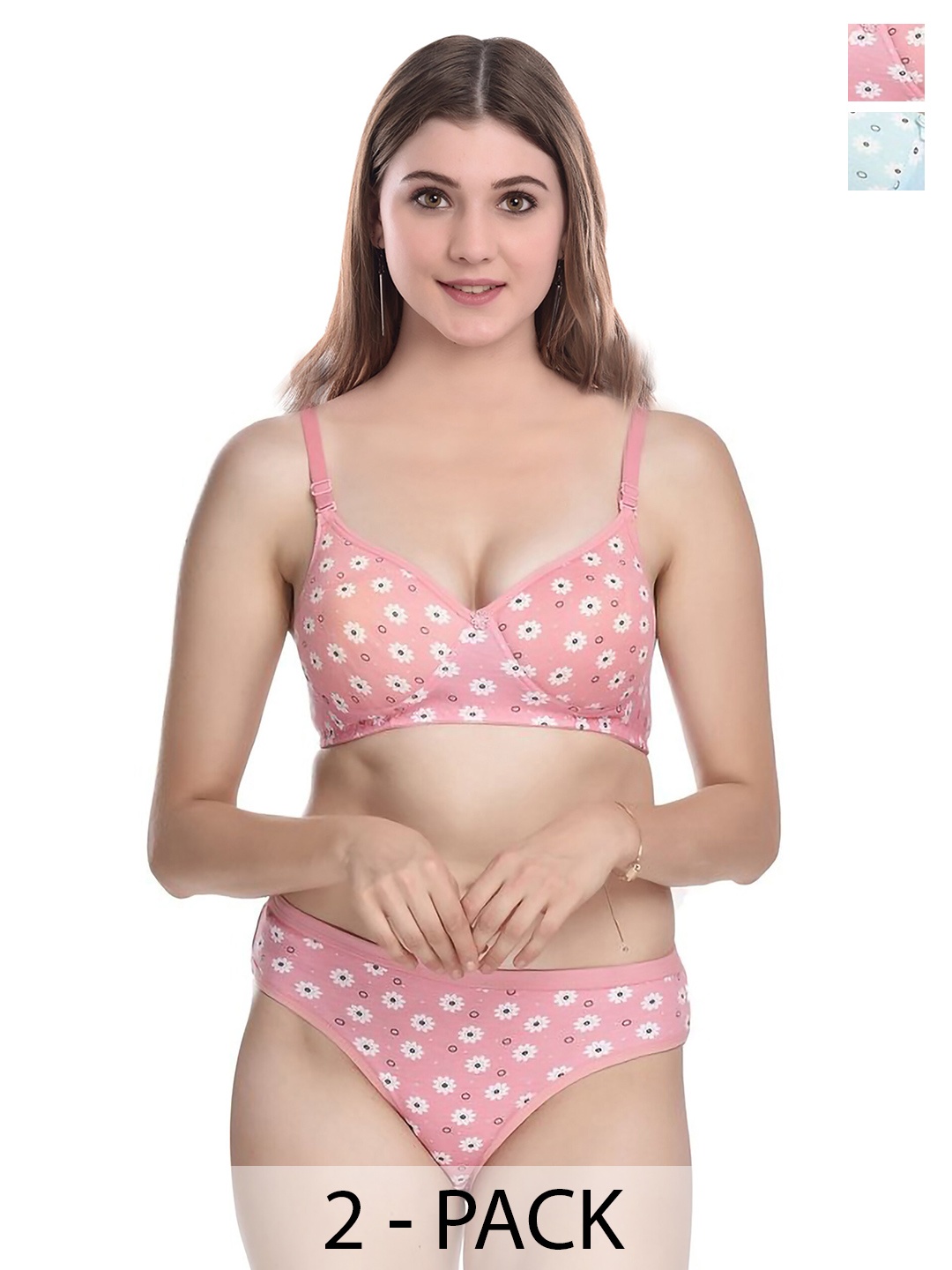 

PIBU Pack Of 2 Floral Printed Lightly Padded Cotton Bra With Brief, Pink