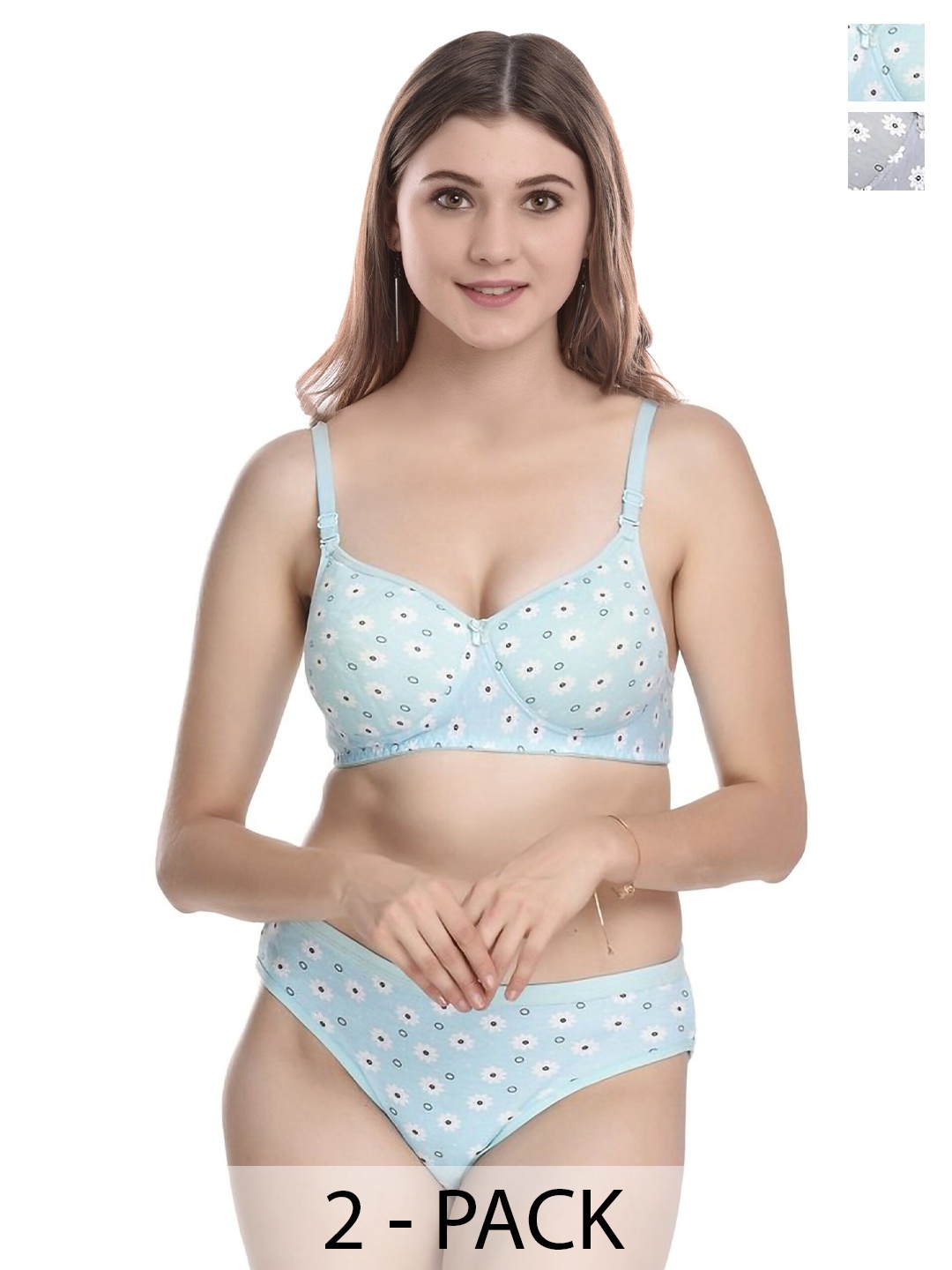 

Aamarsh Pack Of 2 Printed Lightly Padded Cotton Lingerie Set, Blue
