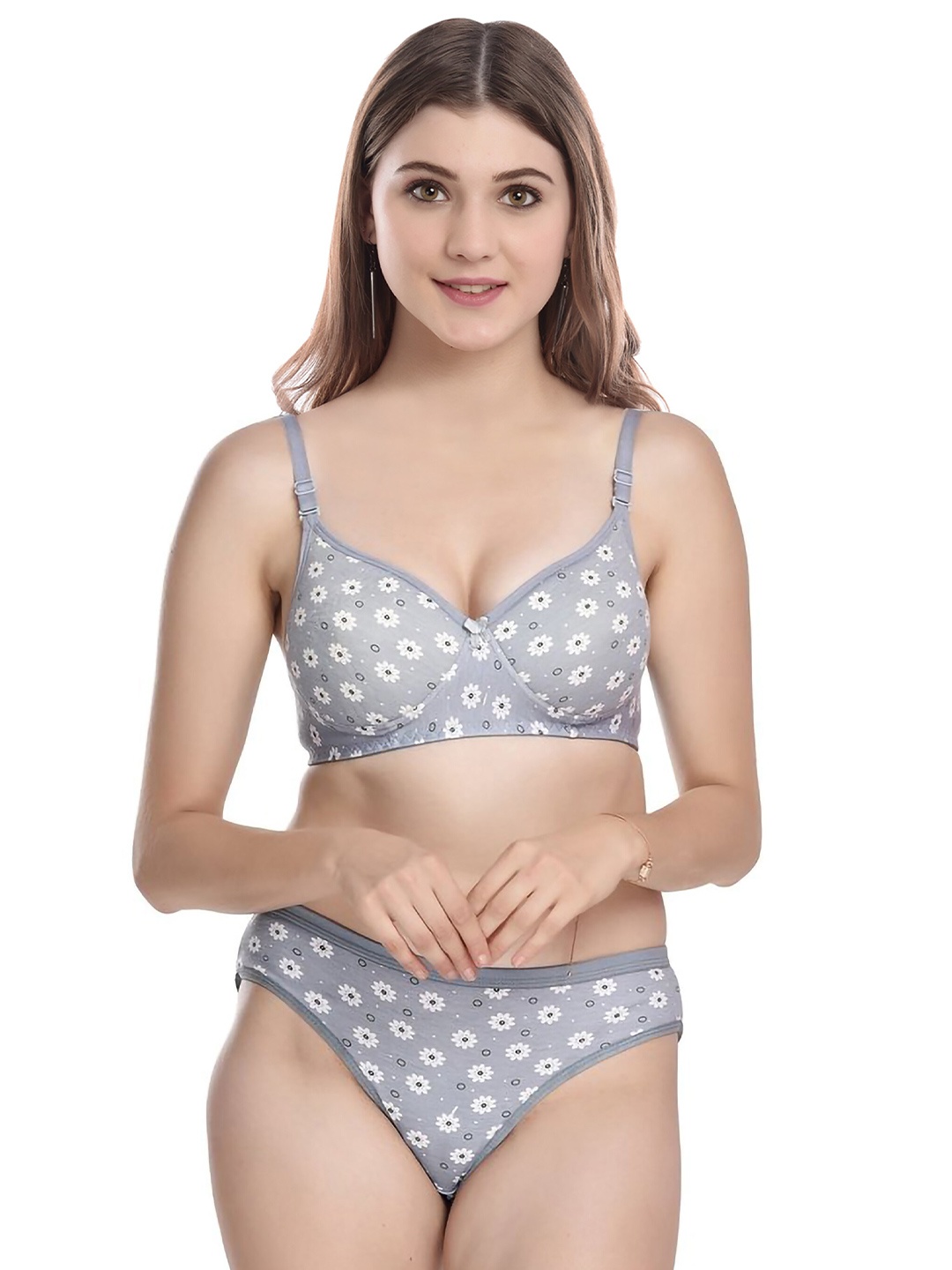 

AROUSY Floral Printed Cotton Lingerie Set, Grey
