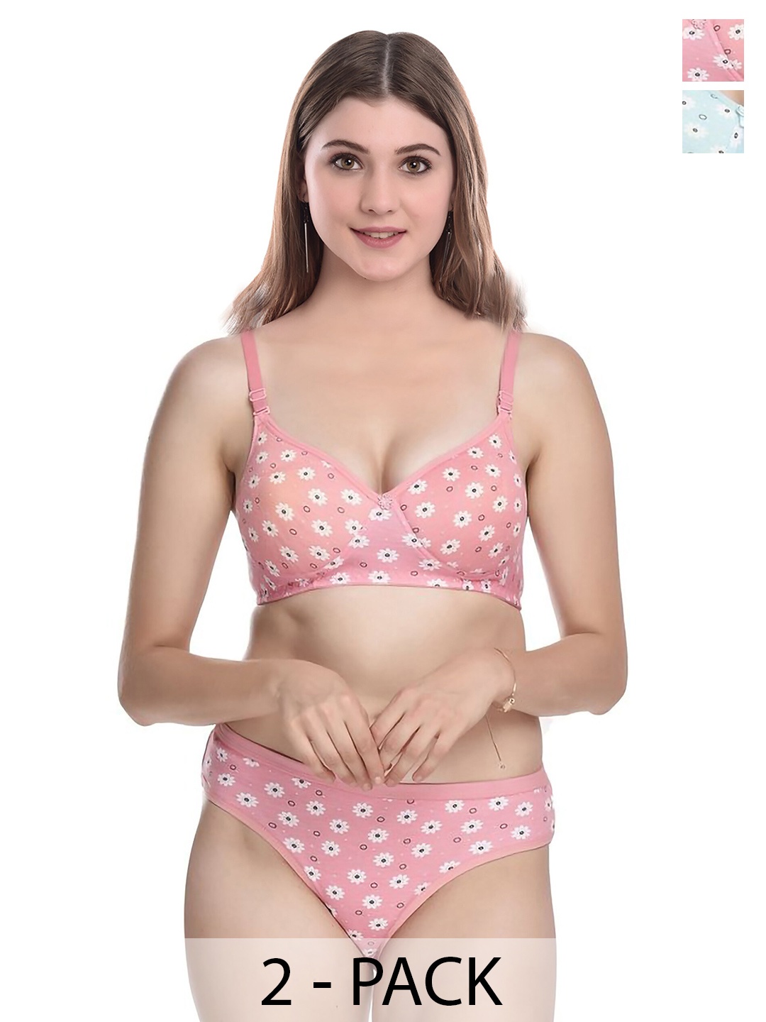 

AROUSY Pack Of 2 Floral Printed Cotton Lingerie Set, Pink