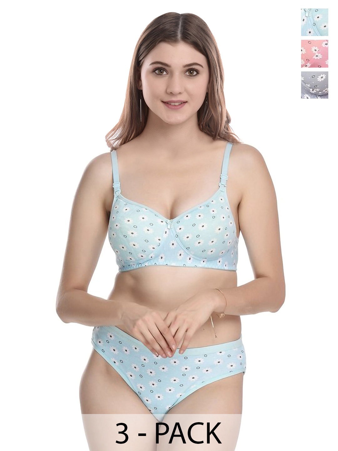 

AROUSY Pack Of 3 Floral Printed Cotton Lingerie Set, Blue