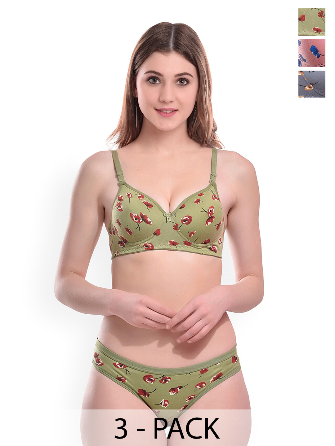 

PIBU Pack Of 3 Printed Lightly Padded Cotton Lingerie Sets F_Kali-Set_Green,Blue,Pink