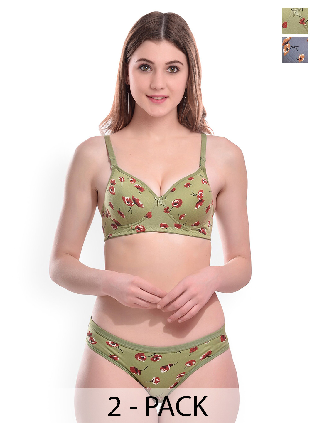 

Aamarsh Pack Of 2 Printed Lightly Padded Cotton Lingerie Set, Green