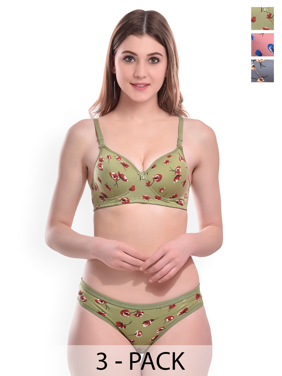 Aamarsh Pack Of 3 Printed Lightly Padded Cotton Lingerie Set, Green