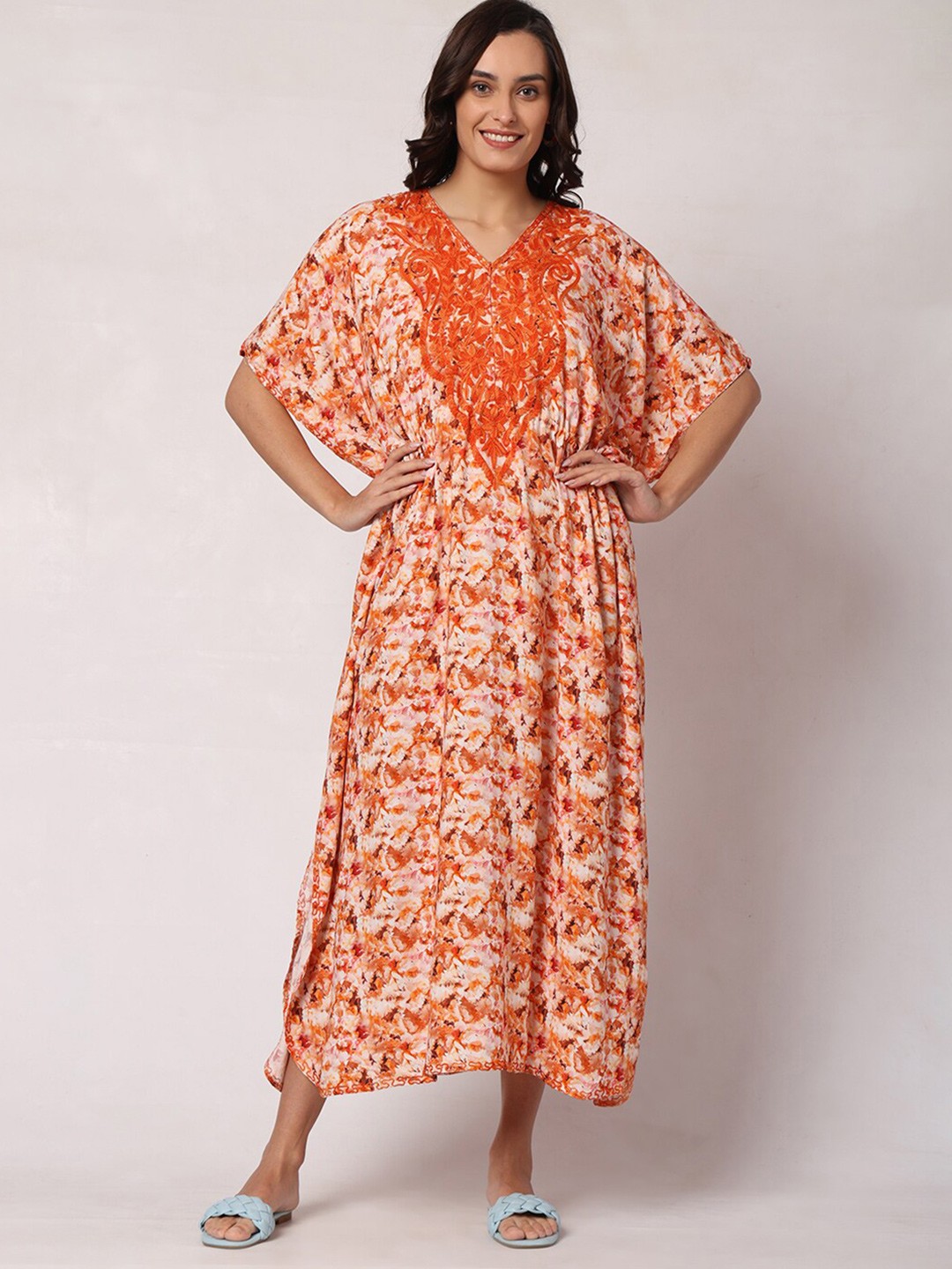 

CRAFTBAZAR Abstract Printed Maternity Kaftan Maxi Dress, Orange