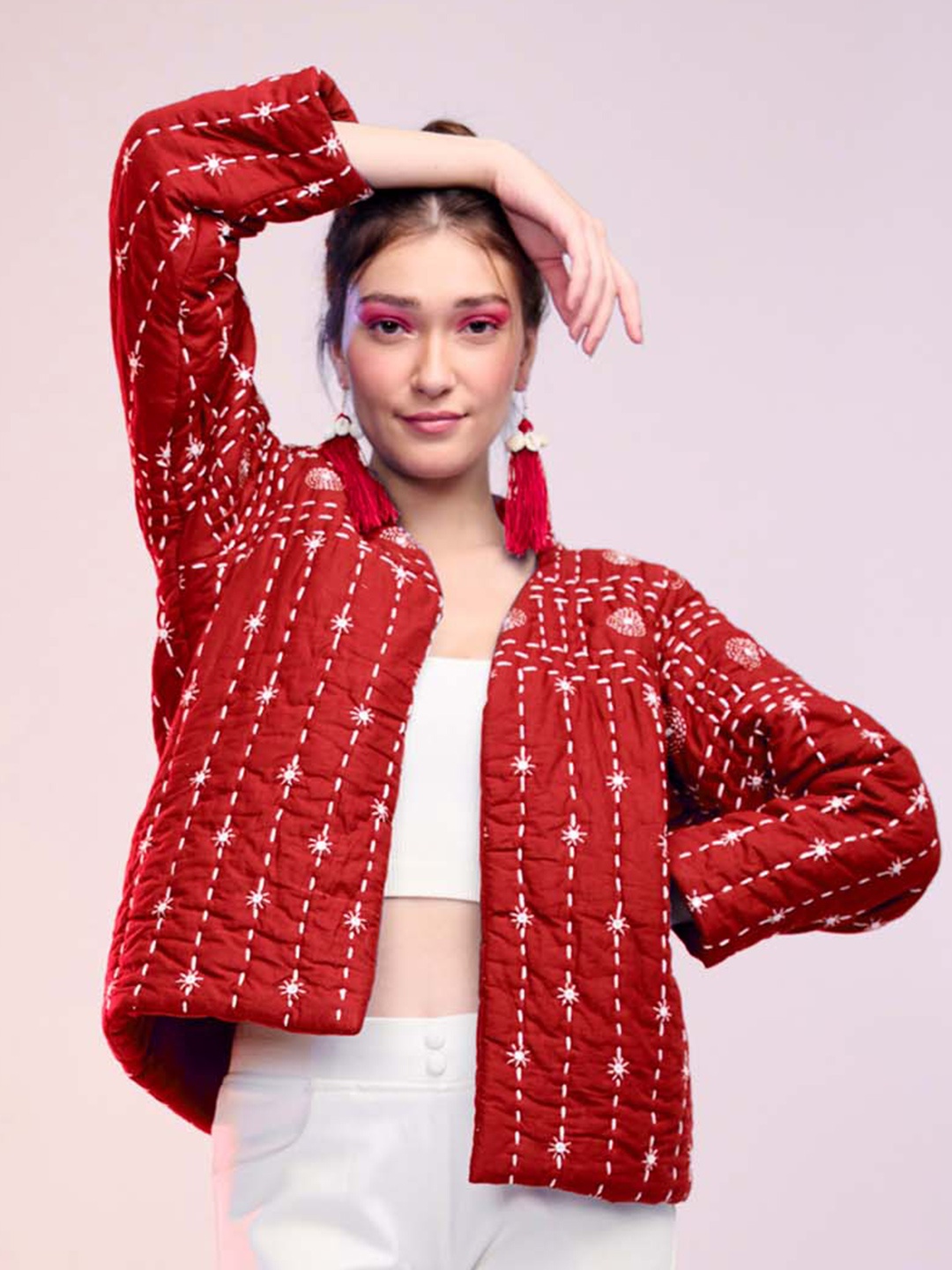 

Zanaash Geometric Cotton Open Front Jacket, Red