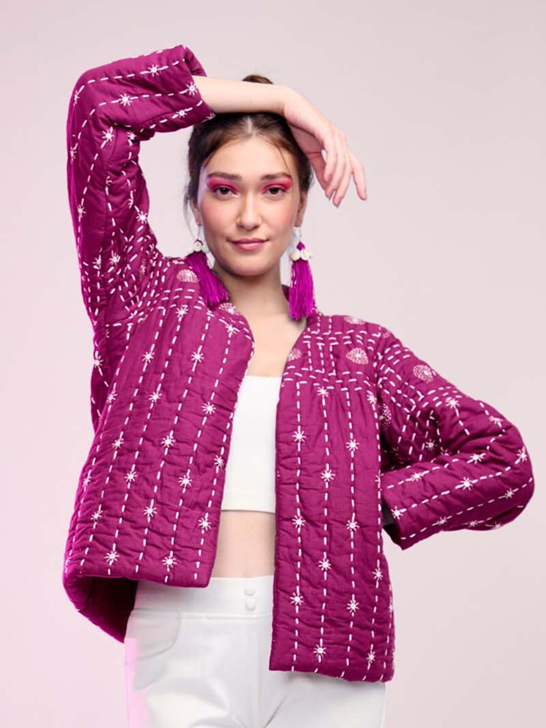 

Zanaash Geometric Cotton Open Front Jacket, Pink