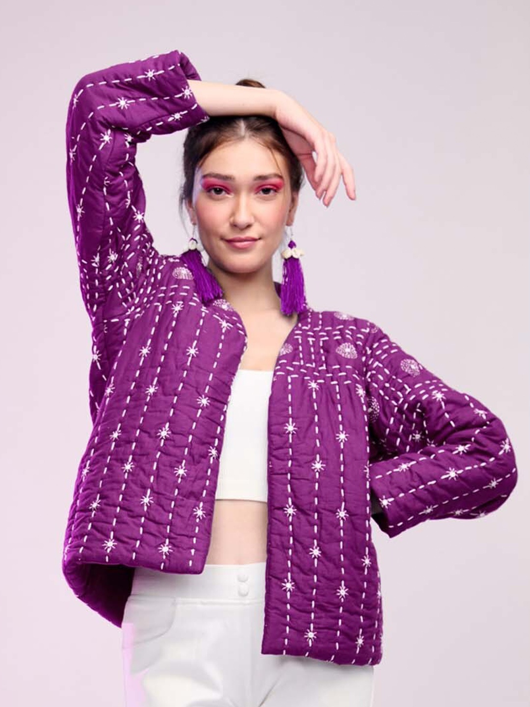 

Zanaash Geometric Cotton Open Front Jacket, Purple