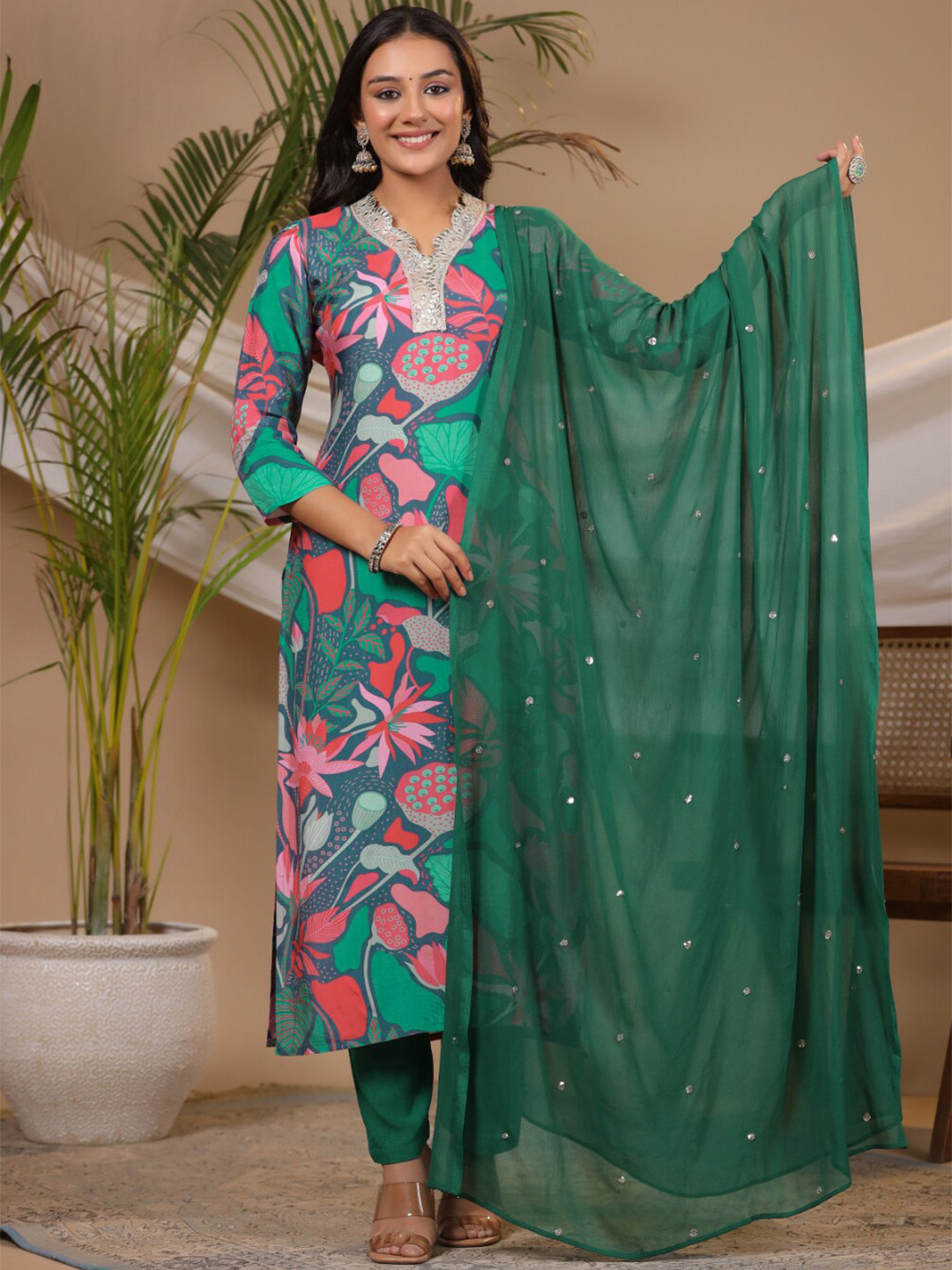 

KALINI Floral Printed V Neck Three-Quarter Sleeves Thread Work Kurta Set, Green