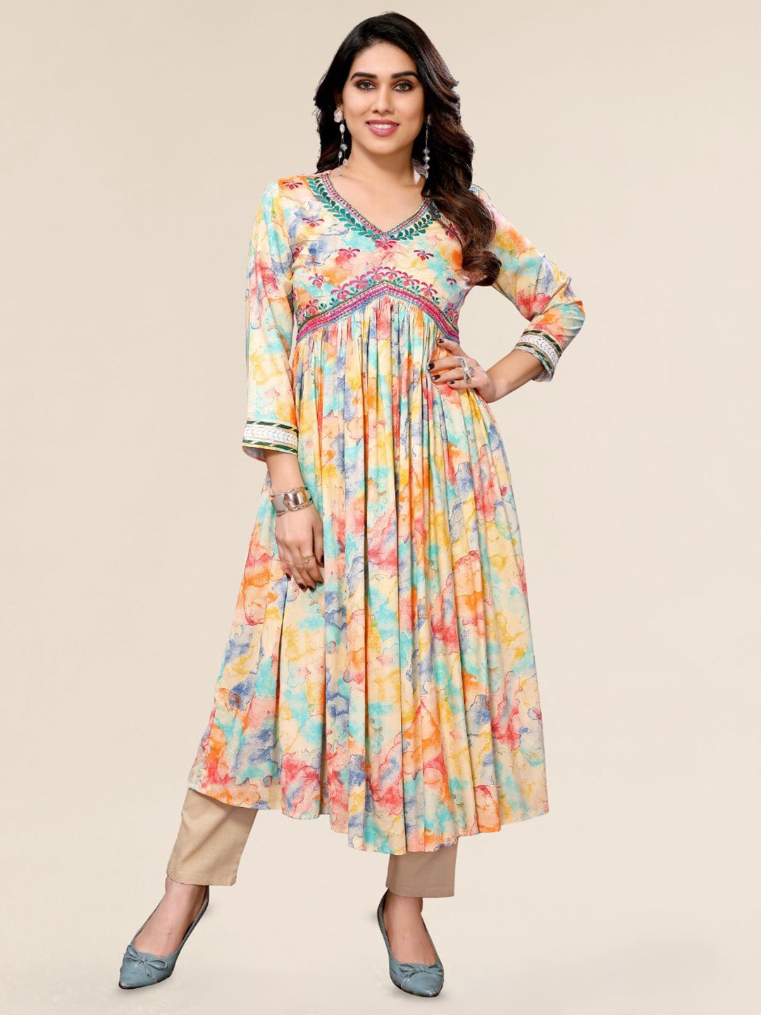 TITANIUM SILK INDUSTRIES PVT. LTD.Floral Printed V Neck Pure Cotton Kurti with Trouser, Yellow