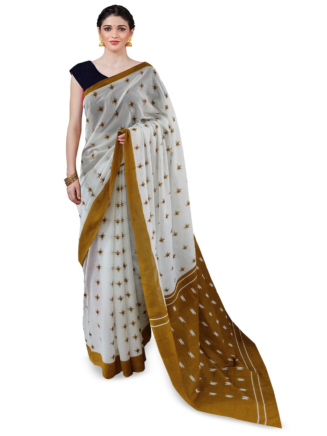 

NIKHILAM Pure Cotton Handloom Block Print Saree, White