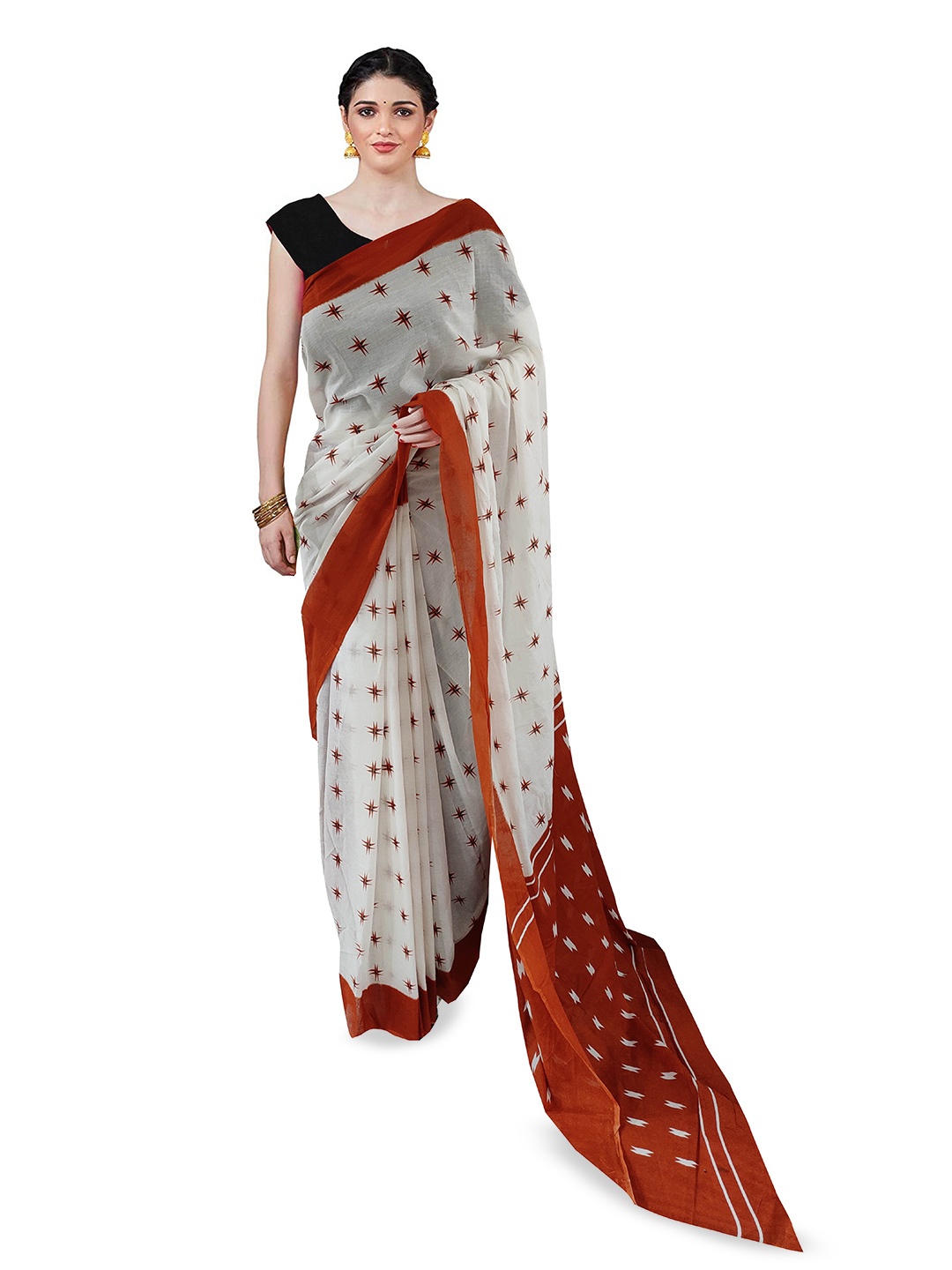NIKHILAM Pure Cotton Handloom Block Print Saree, Red