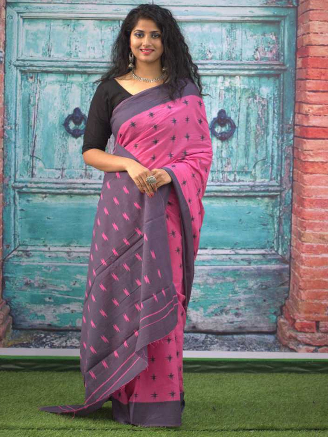 

NIKHILAM Pure Cotton Handloom Block Print Saree, Pink