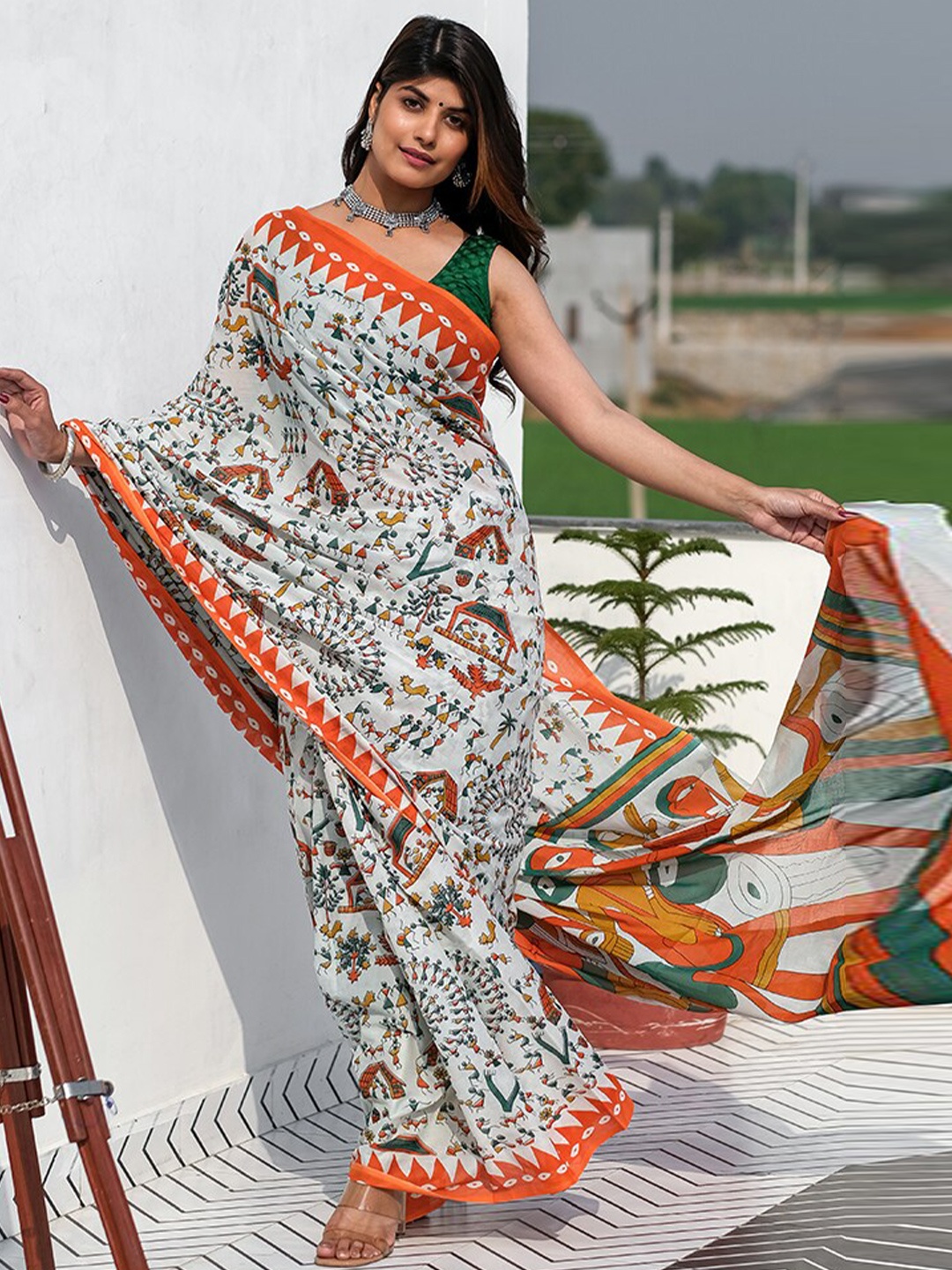 

NIKHILAM Warli Pure Cotton Handloom Bagru Saree, Orange