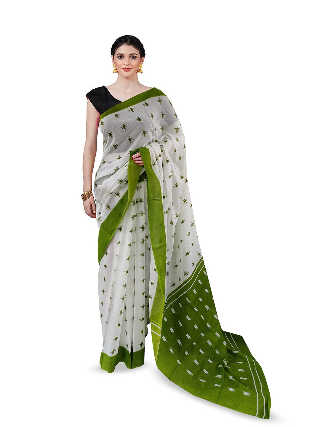 

NIKHILAM Geometric Pure Cotton Block Print Saree, Green
