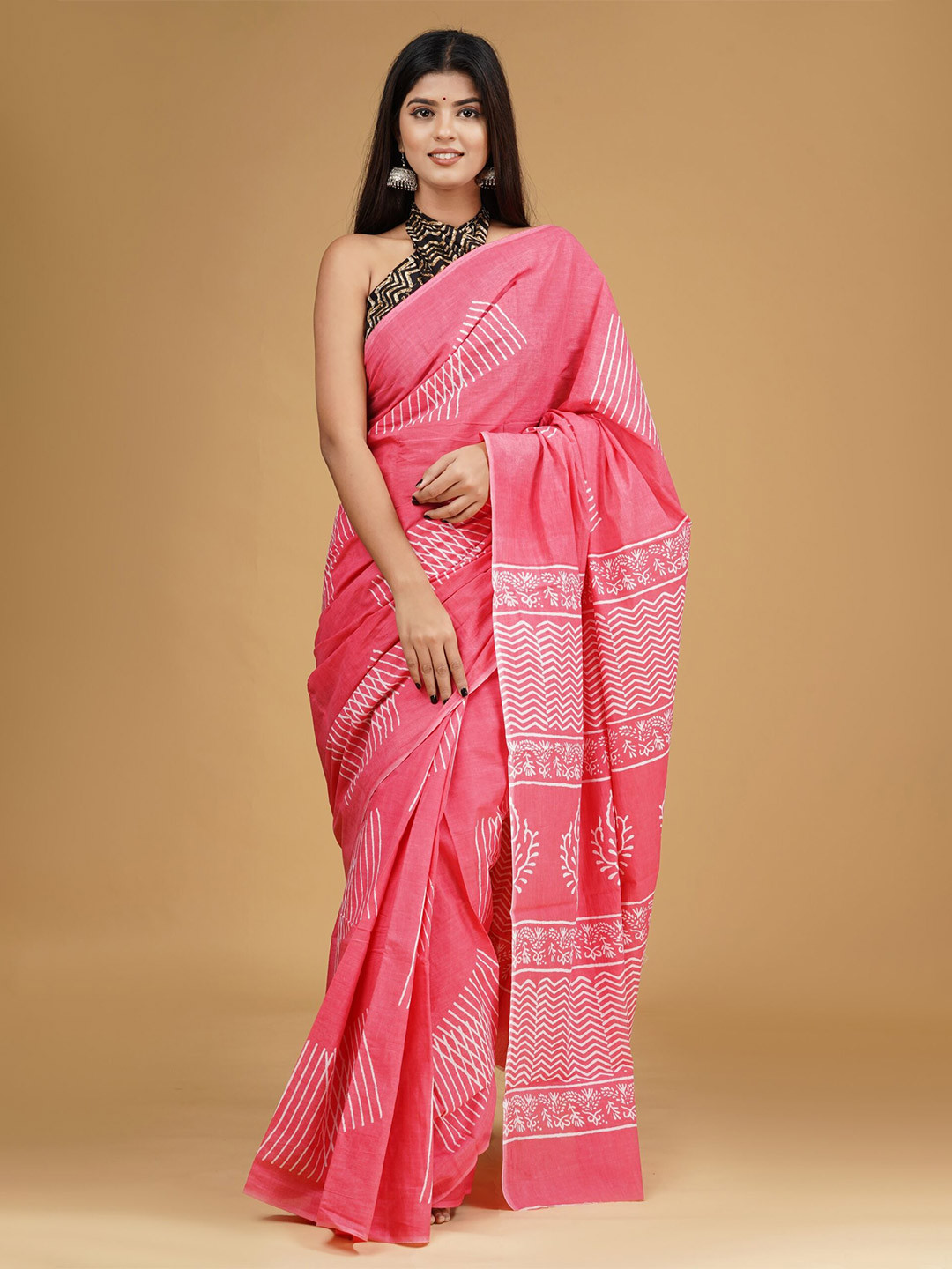 

NIKHILAM Floral Printed Pure Cotton Bagru Saree, Pink