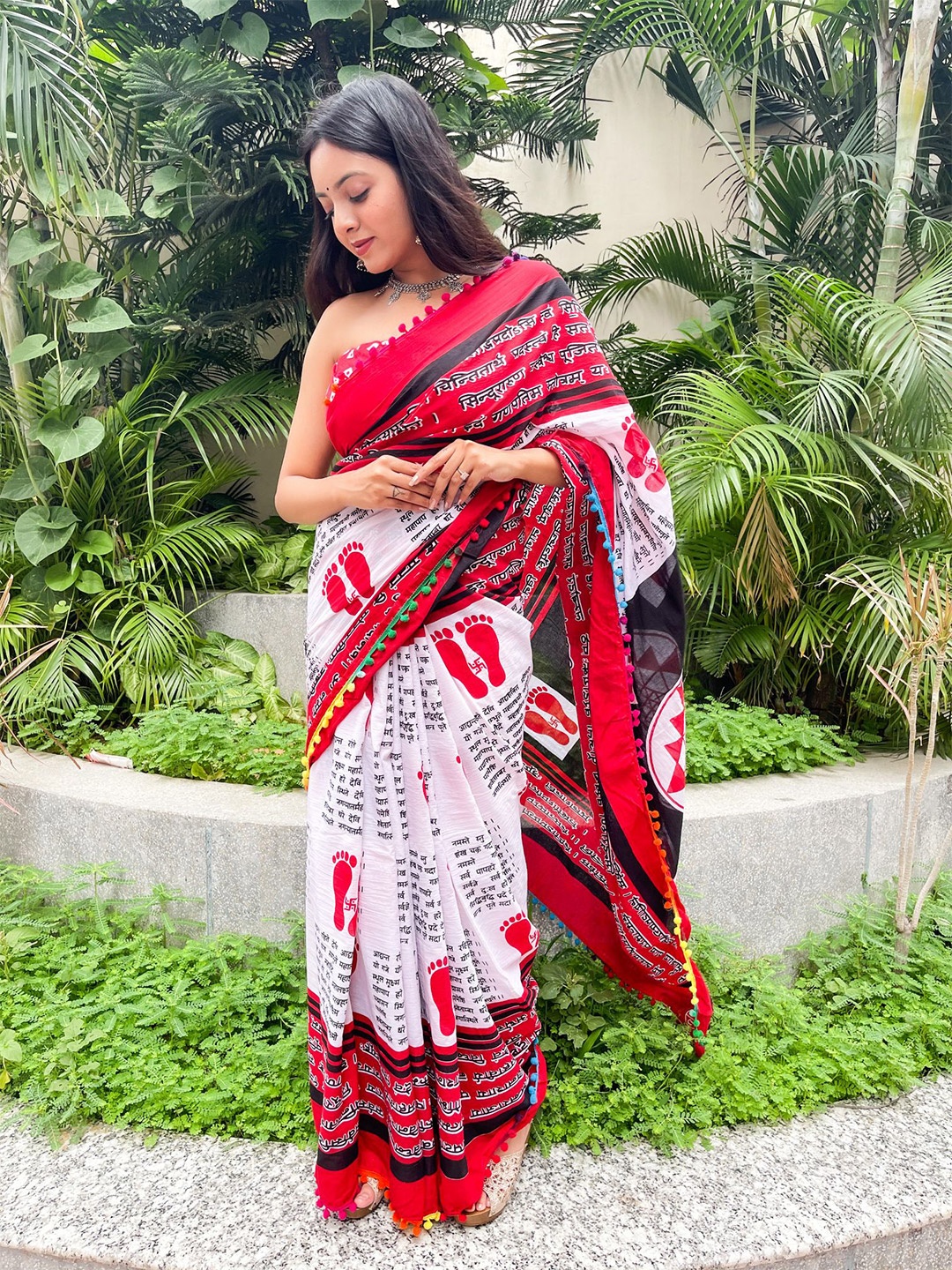 

NIKHILAM Kalamkari Pure Cotton Block Print Saree, Red