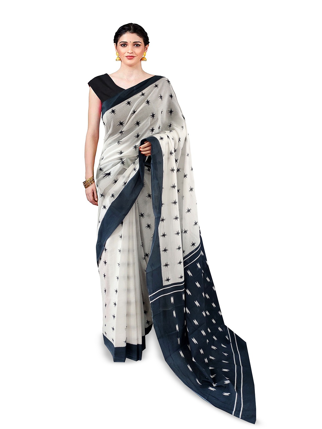 

NIKHILAM Geometric Printed Pure Cotton Block Print Saree, White