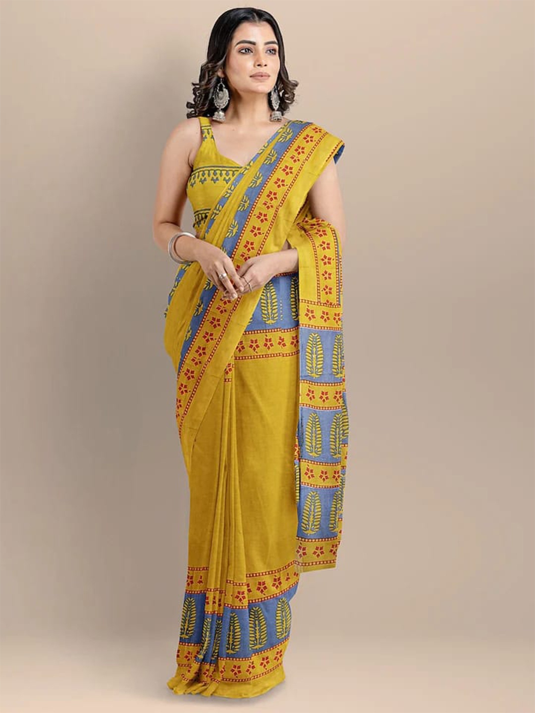 

NIKHILAM Ethnic Motifs Printed Pure Cotton Ikat Saree, Mustard