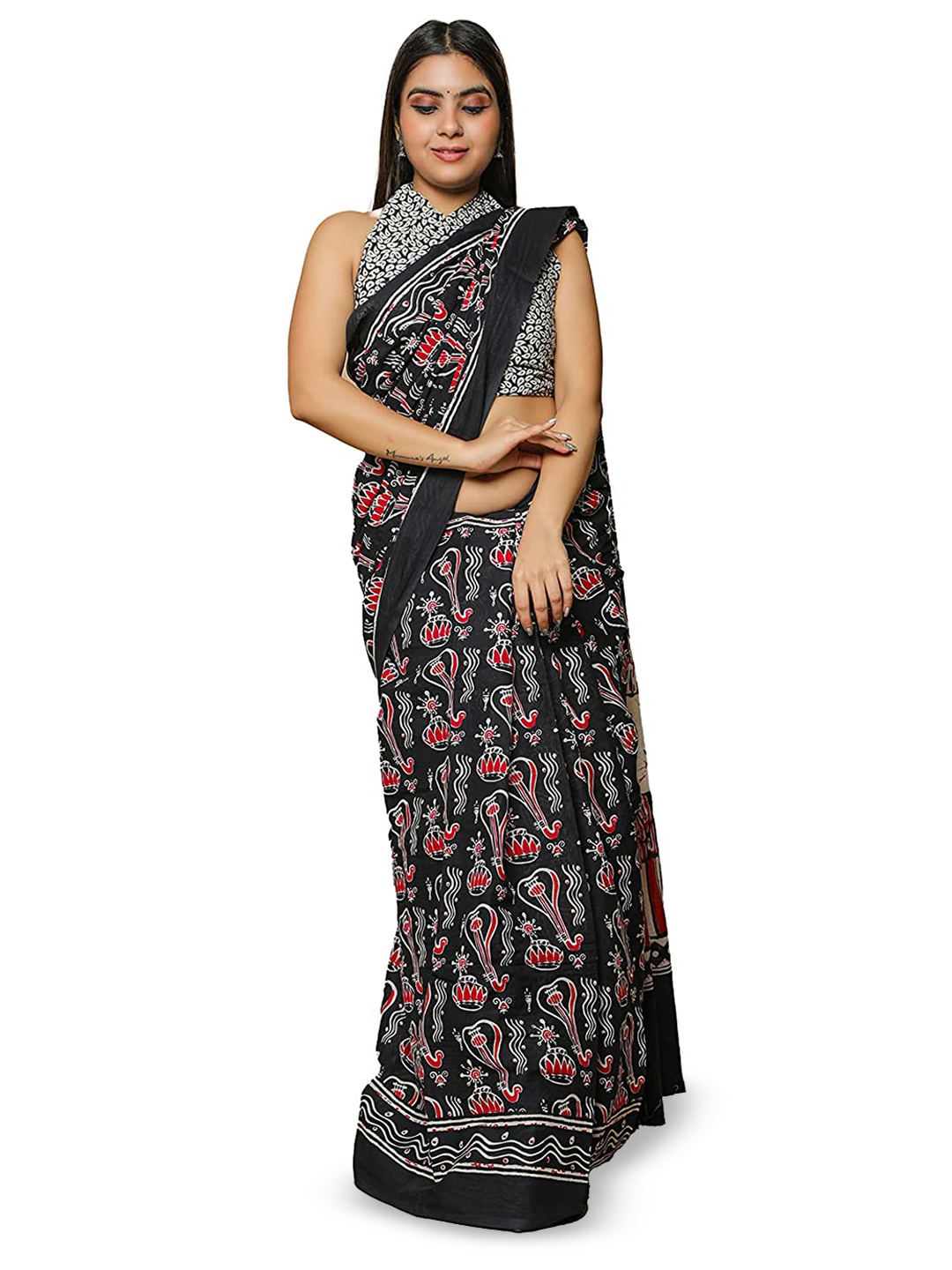 NIKHILAM Kalamkari Block Printed Pure Cotton Mulmul Saree, Black