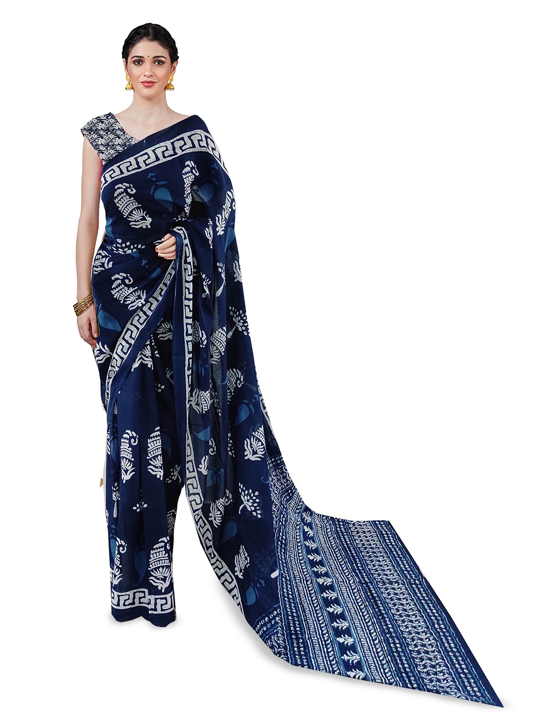 

NIKHILAM Block Printed Pure Cotton Mulmul Saree, Blue