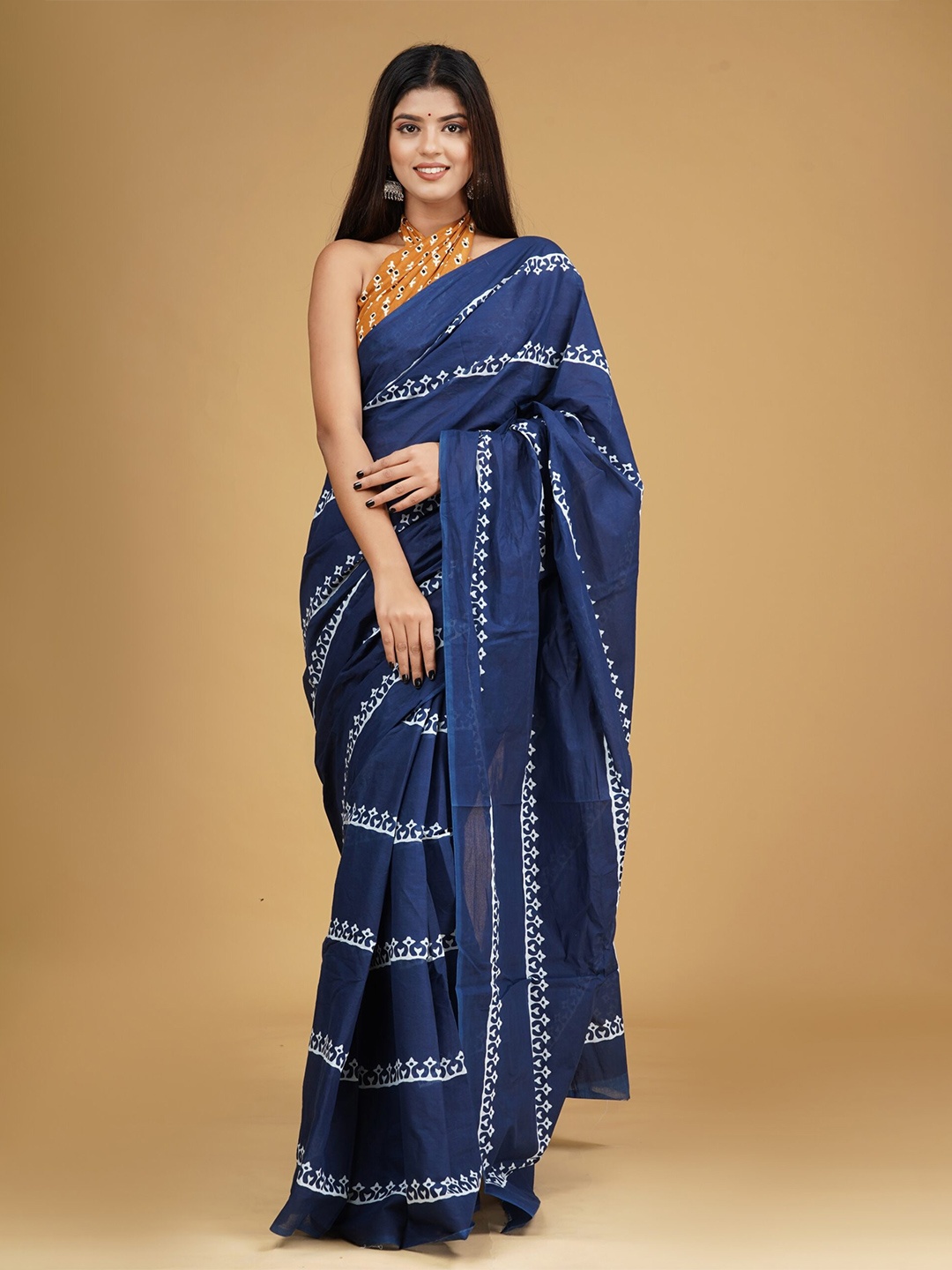

NIKHILAM Striped Bagru printed Pure Cotton Saree, Blue