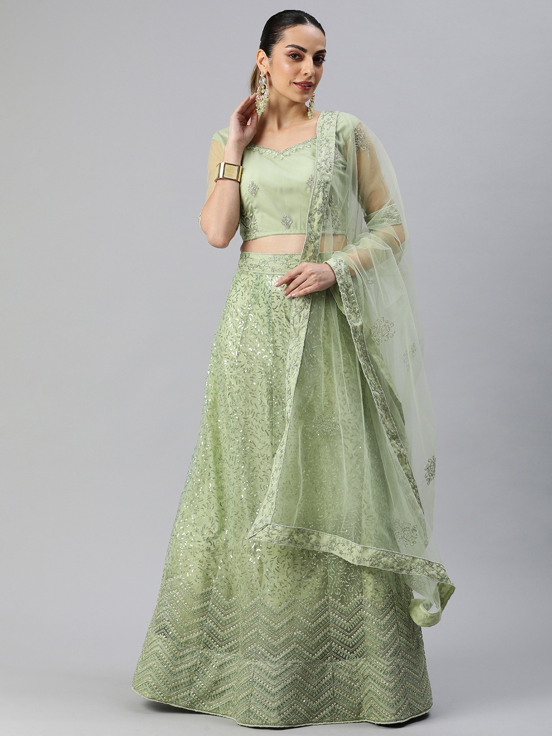 

flaher Unstitched Lehenga & Blouse With Dupatta, Green