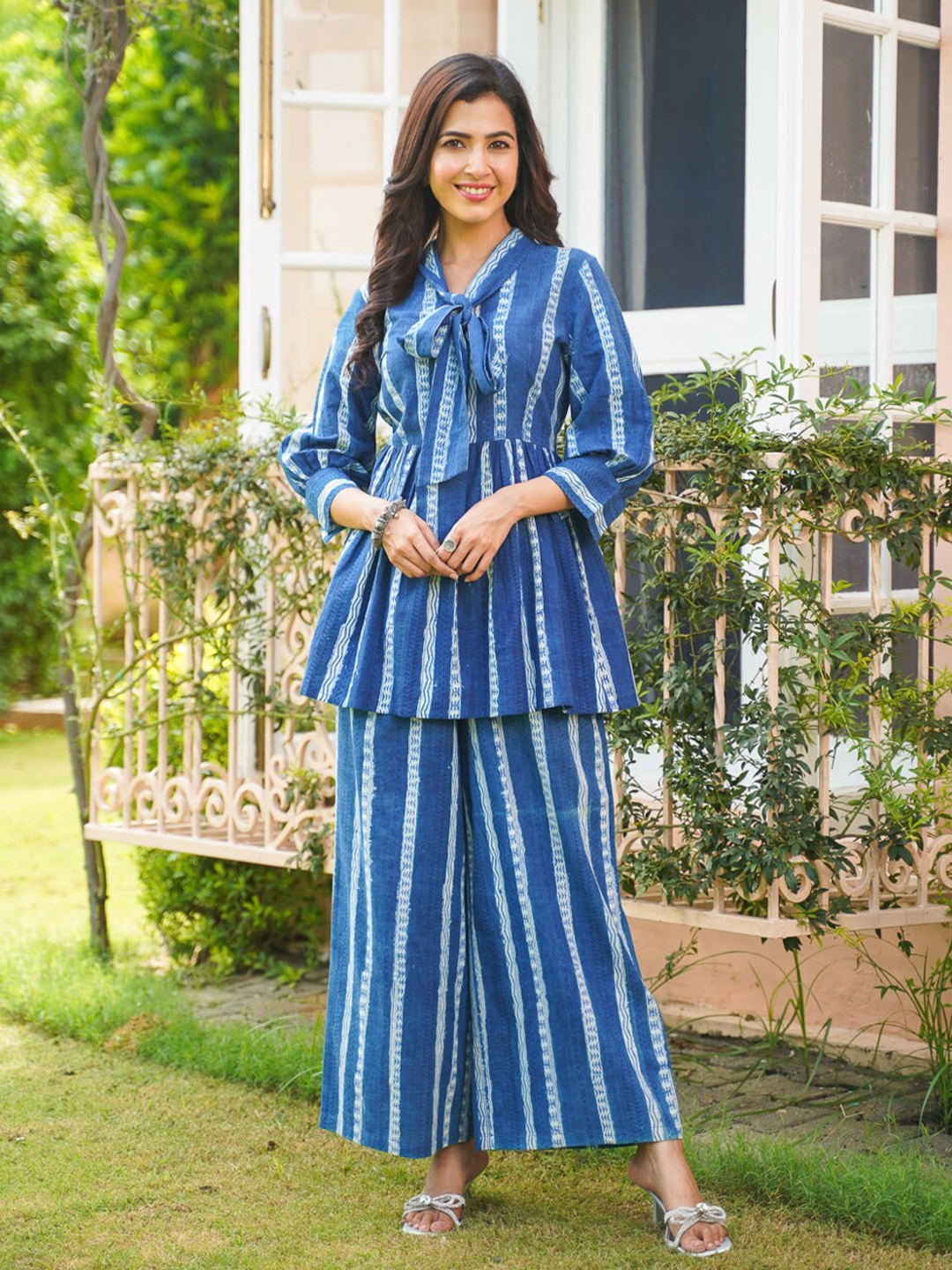 

CRAFTED FOR YOU Striped Pure Cotton Top With Palazzos, Blue