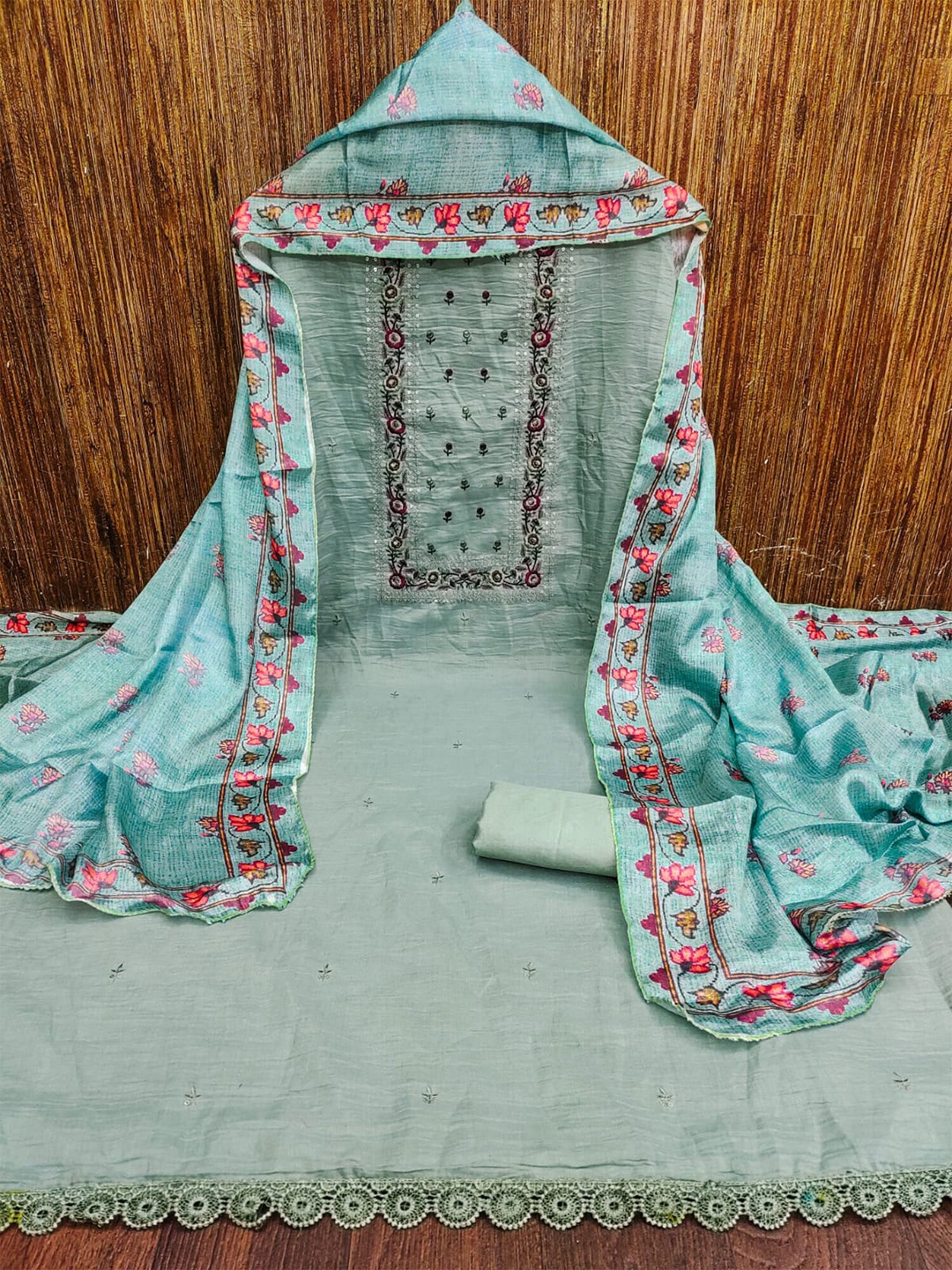 

ZEEPKART Floral Embroidered Dress Material, Blue