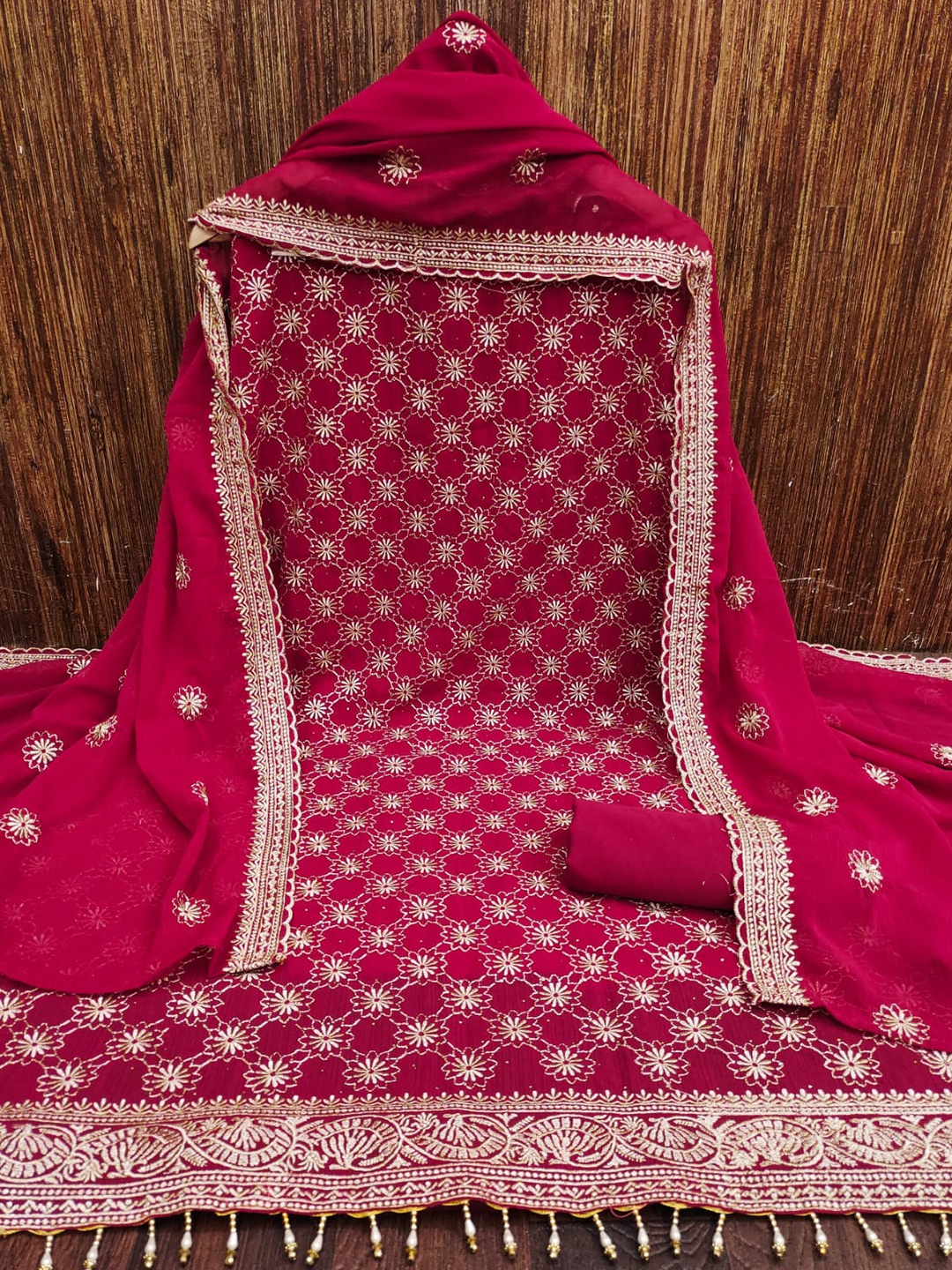 ZEEPKART Ethnic Motifs Foil Woven Design Unstitched Dress Material, Red